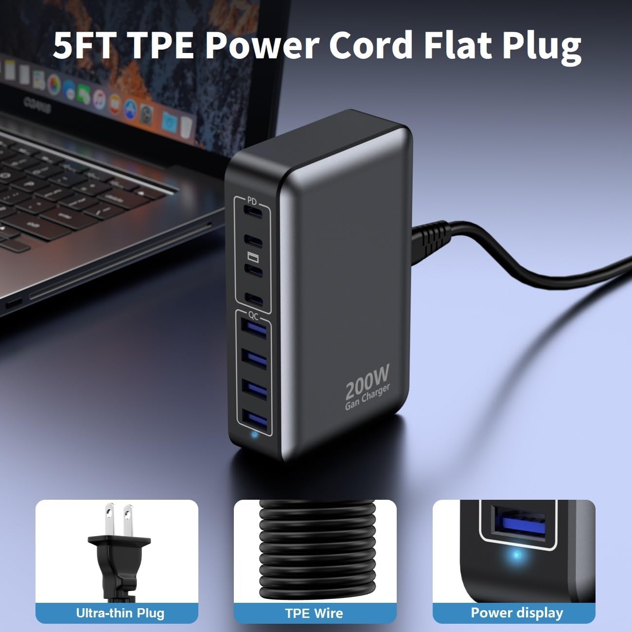 USB C Charger 200W Charger Block, 8-Ports Gan Fast Charging Station Hub, PD 65W Laptop Charging Adapter Compatible with MacBook Pro/Air, DELL, Steam Deck, iPhone 16/15/14, Galaxy S24/S23/S22