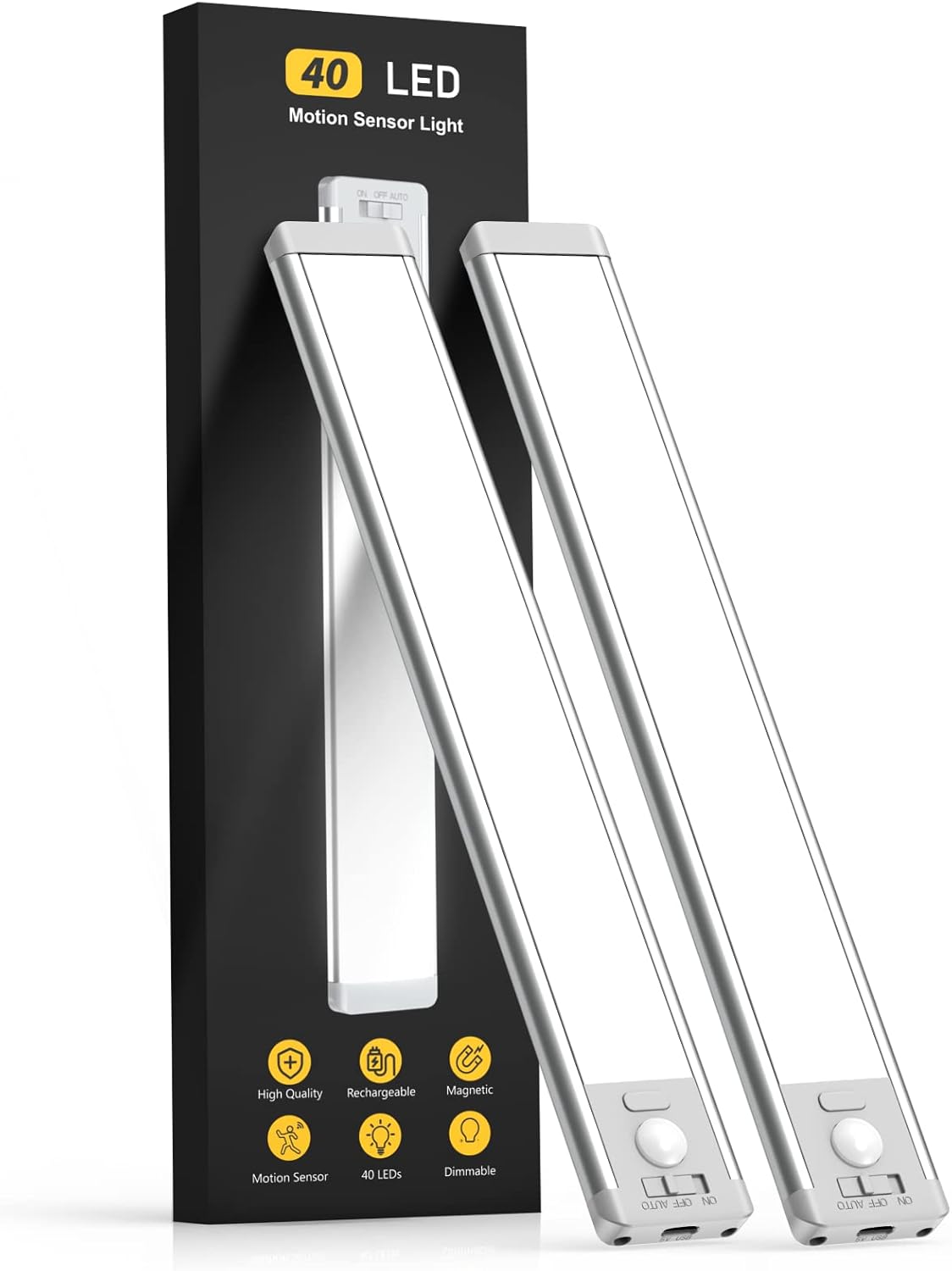 Under Cabinet Lights, 63 LED Rechargeable Battery Operated Motion Sensor Light Indoor, 2 Pack Magnetic Dimmable Closet Lights, Wireless Under Counter Lights for Kitchen, Stairs,Hallway