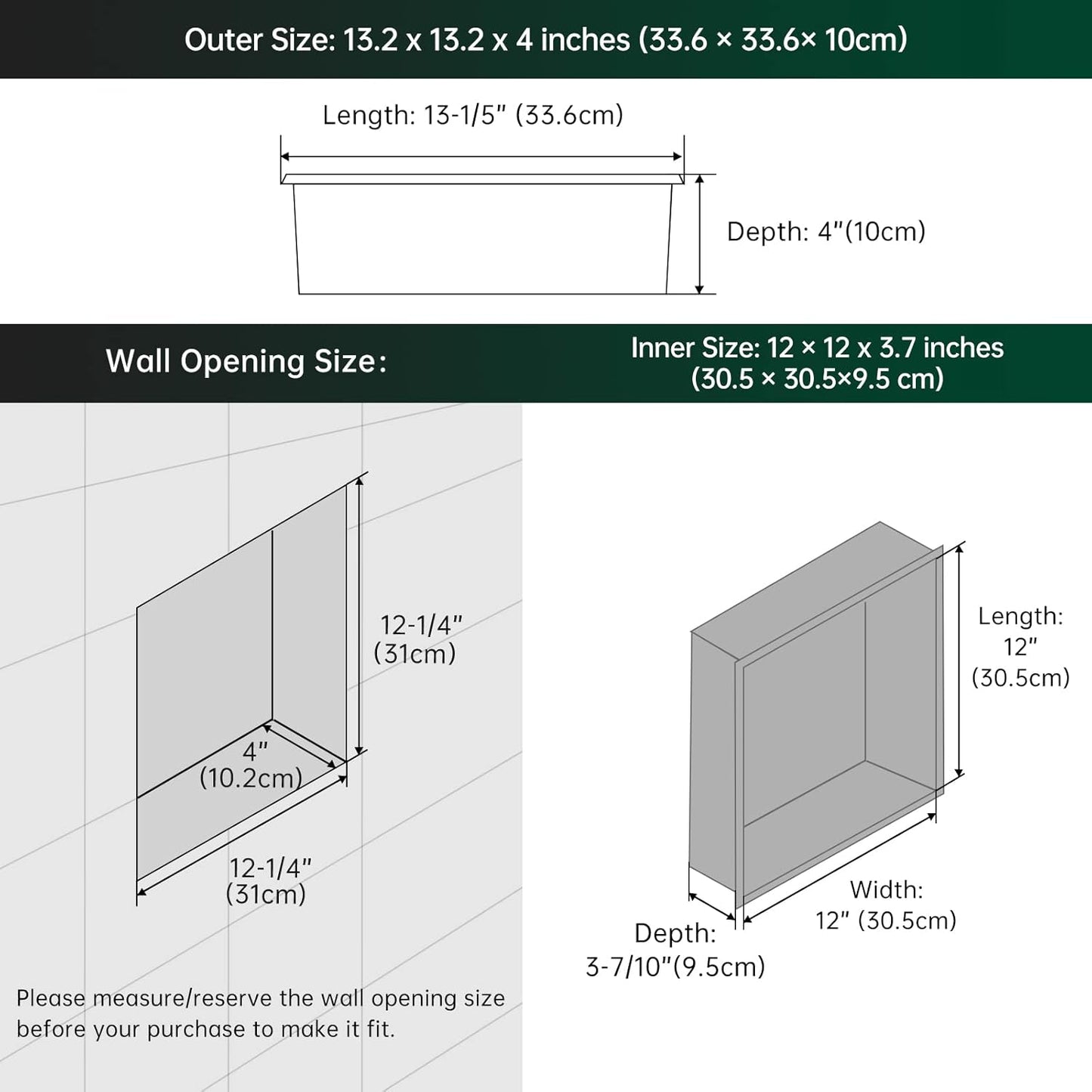 BLYLUND Shower Niche 12" x 24" NO Tile Needed,Matte Black Double Shelf Organizer, Square Corners Wall-Inserted Niche Recessed Shower Shelf Modern Soap Niche for Bathroom