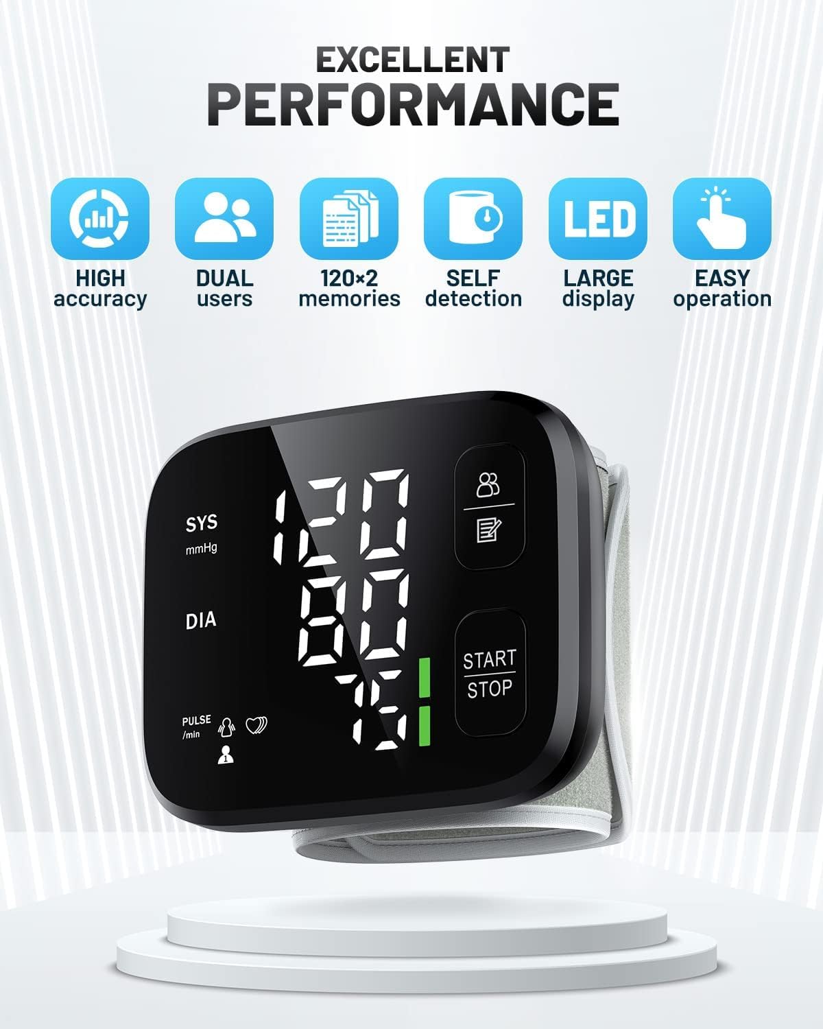 Blood Pressure Monitor LED Backlit Display Automatic Wrist Cuff Blood Pressure Monitors for Home Use 120x2 Reading Memory with Carrying Case, Black