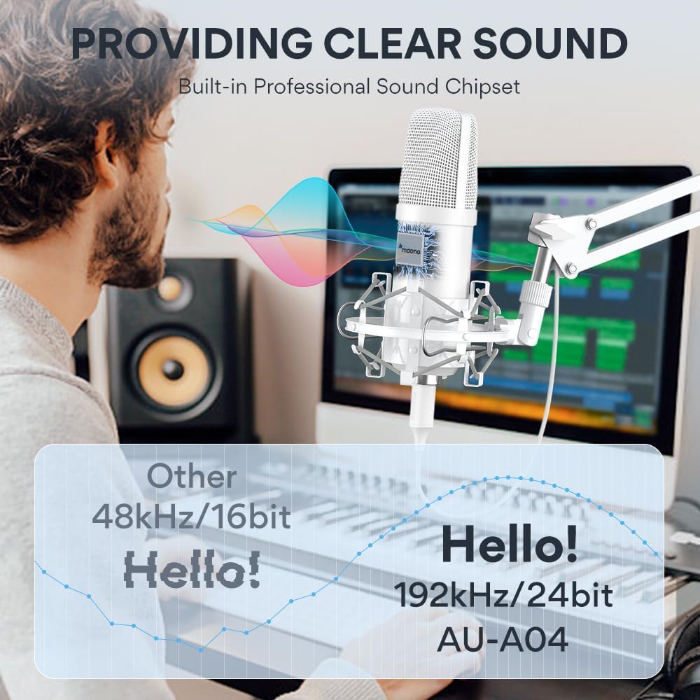 USB Microphone, MAONO 192kHz/24Bit Plug & Play PC Computer Podcast Condenser Cardioid Metal Mic Kit with Professional Sound Chipset for Recording, Gaming, Singing, YouTube (AU-A04)