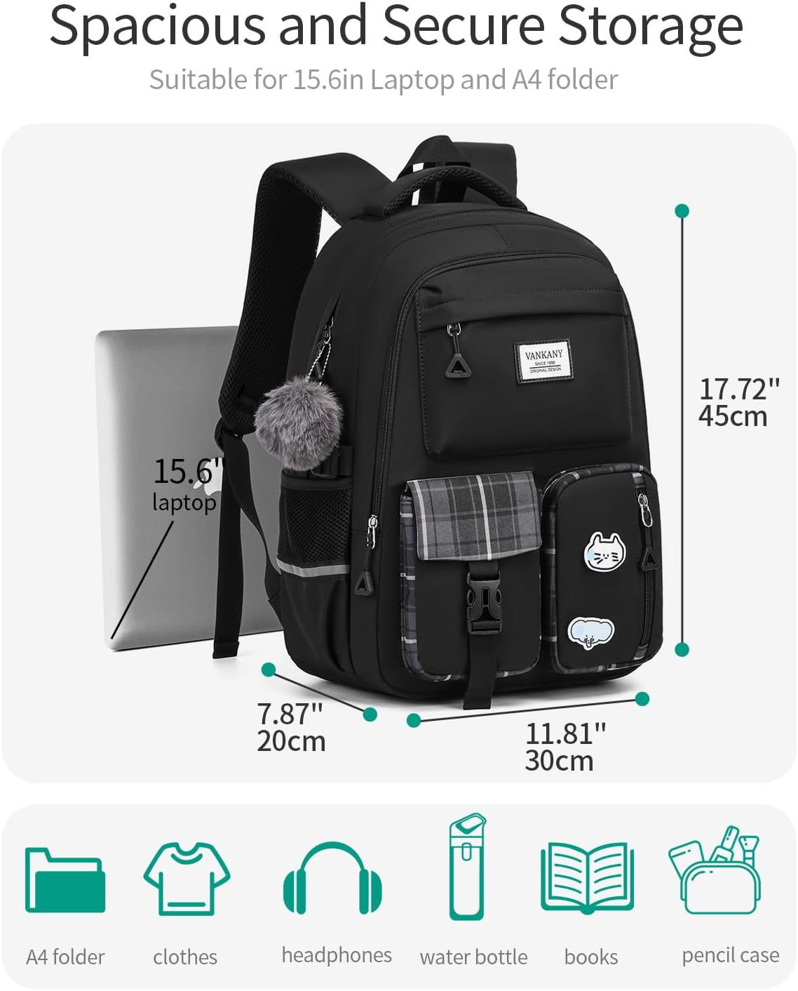VANKANY School Backpack for Teen Girls, College Women Student Laptop Backpack Aesthetic Bookbags for Elementary Middle High School Travel Sac a Dos Femme, Black