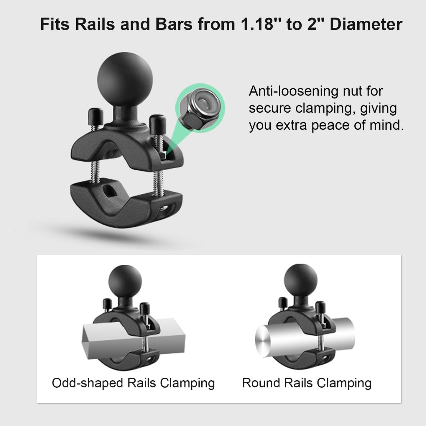 WINDFRD 1.5" Ball Aluminum Fish Finder Mount with Clamp Base for Rails 1.18'' to 2'' in Diameter, Medium Arm Marine Electronic/Depth Finder Mount for Boat, Compatible with Garmin, Lowrance and More