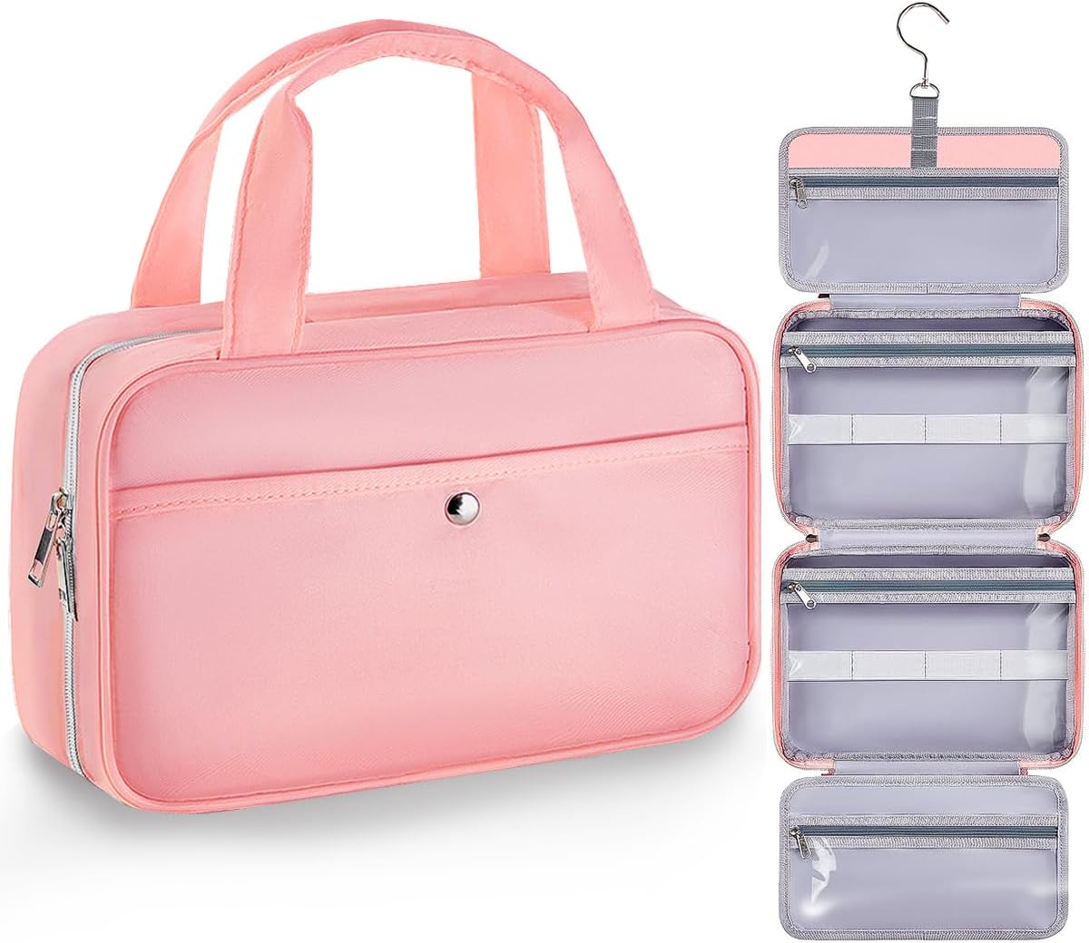 Chakipee Travel Hanging Toiletry Bag for Women - Waterproof Toiletries Bag Cosmetic Organizer Lightweight Bathroom with Clear Window for Essentials, Makeup, Shampoo Pink Medium
