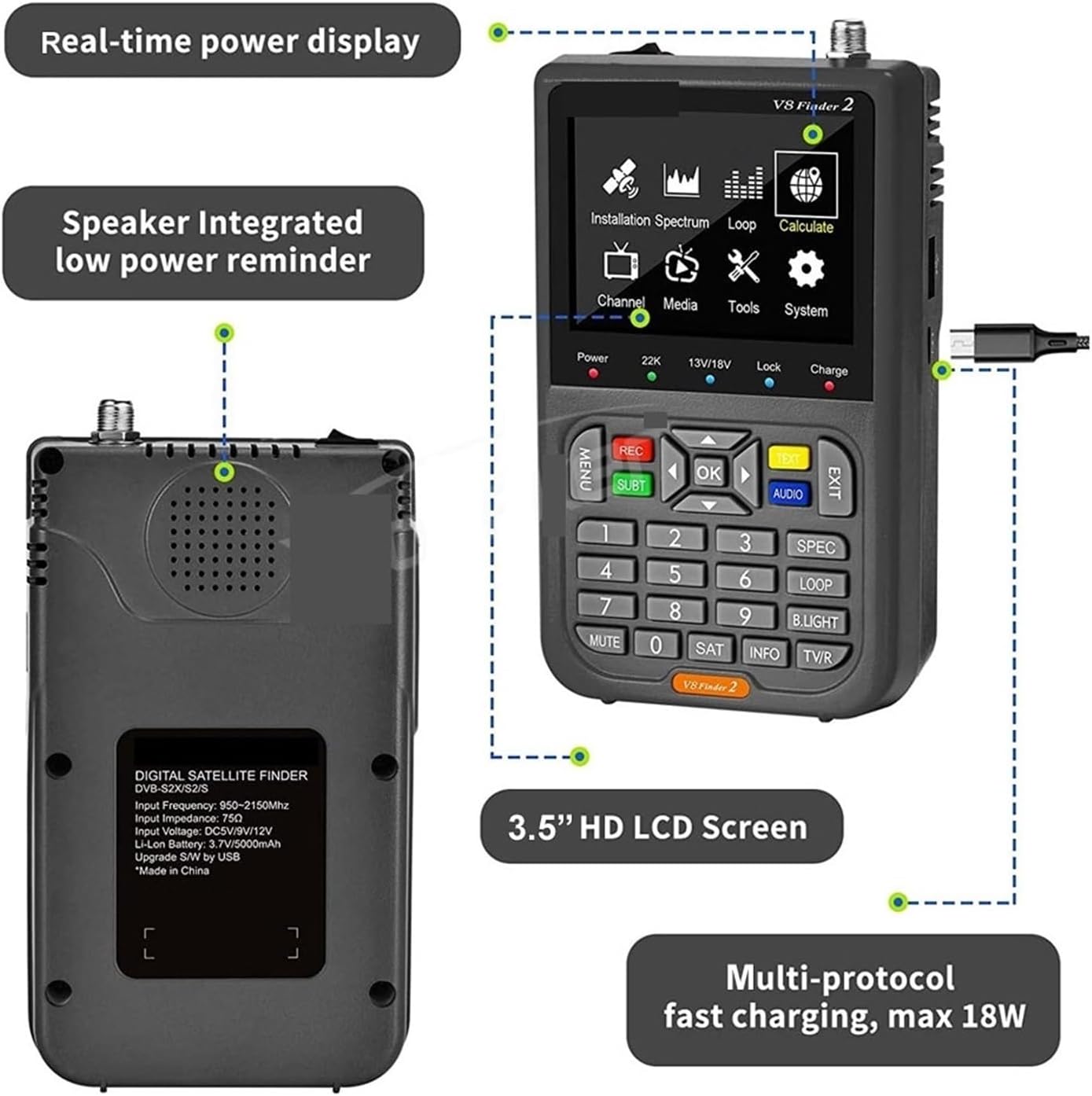 V8 Finder2 Satellite Signal Detector FTA DVB-S/S2/S2X Digital Signal Receiver LCD HD Screen for Adjusting Satellite TV for Dish Network Directv(FD2 Black Bag Charge)