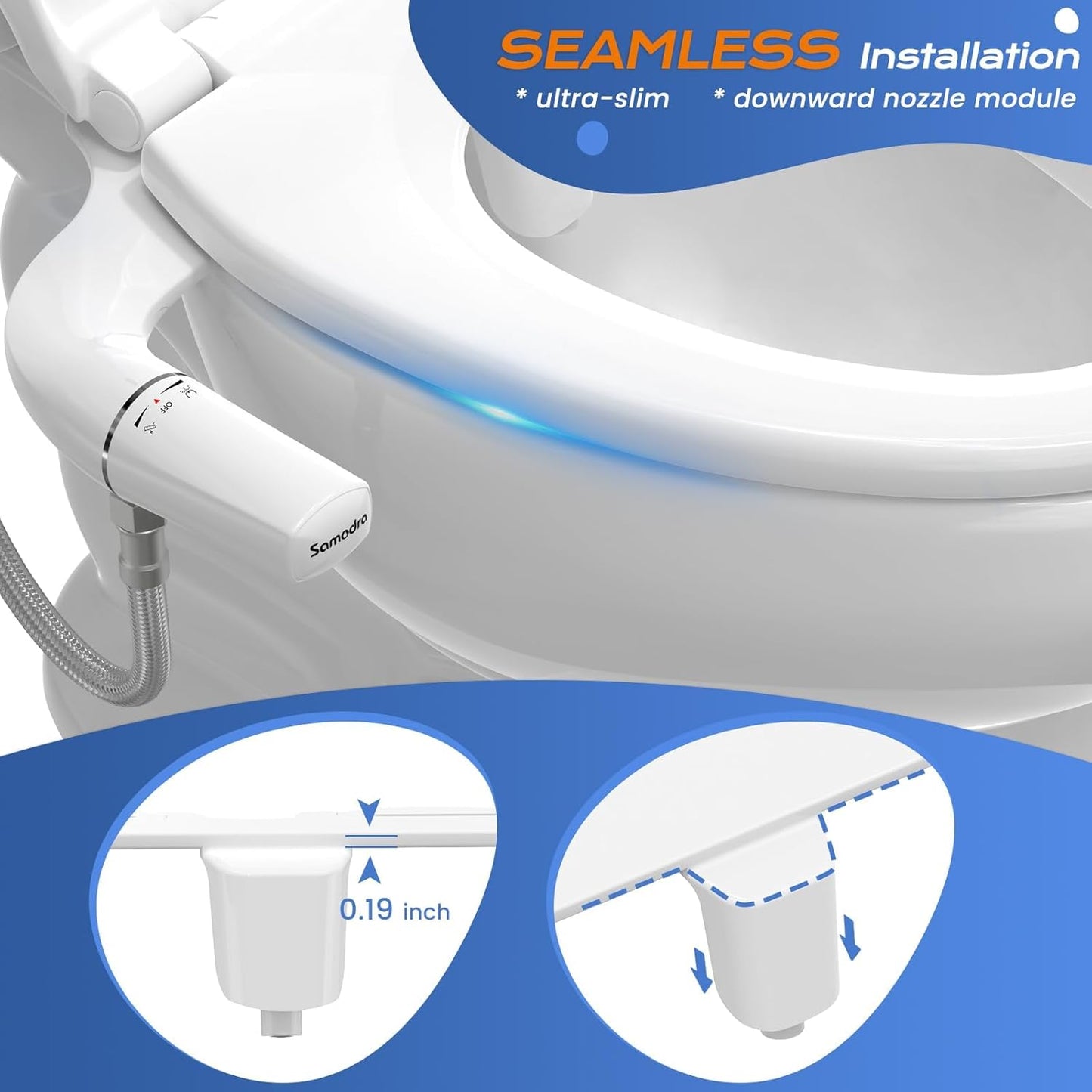 SAMODRA Ultra-Slim Bidet, Minimalist Bidet for Toilet with Non-Electric Dual Nozzle (Frontal & Rear Wash) Adjustable Water Pressure, Fresh Water Bidet Toilet Seat Attachment, Easy to Install