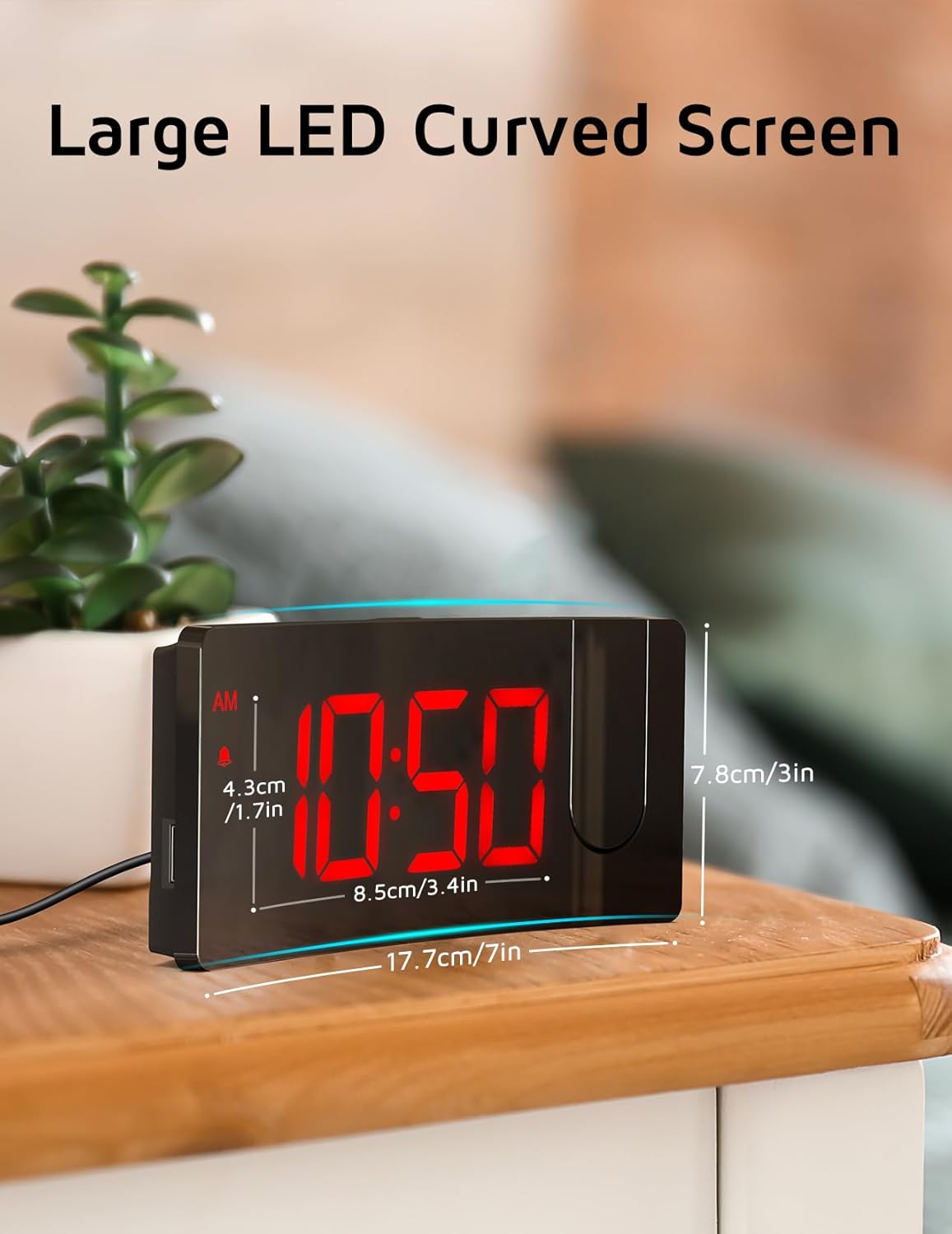 GOLOZA Projection Alarm Clock, Digital Clock with Modern Curved Design 180° Rotatable Projector, 3-Level Brightness Dimmer, Clear Blue LED Display, Progressive Volume, 9mins Snooze,12/24H, for Bedroom