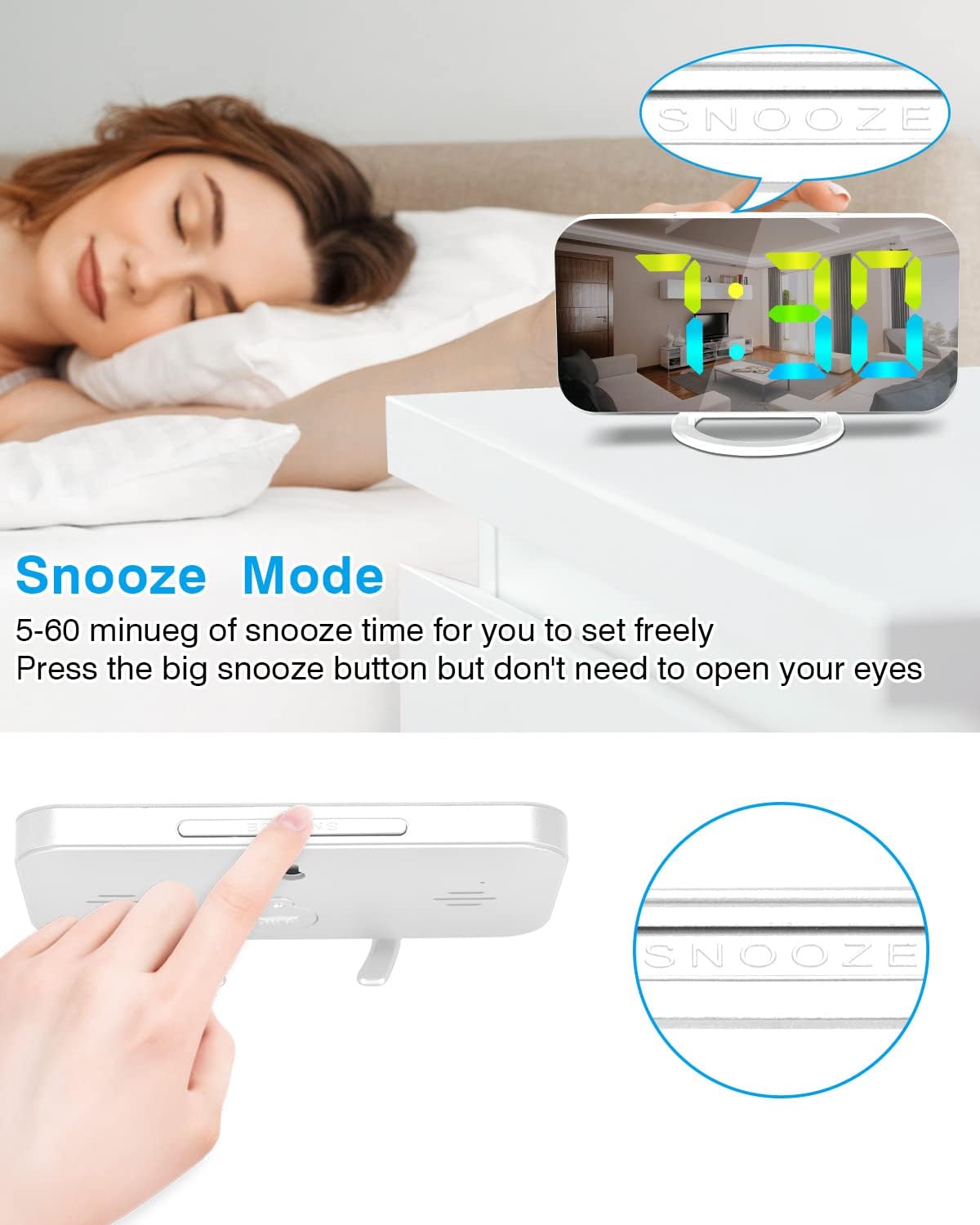 SZELAM Digital Alarm Clock,LED and Mirror Desk Clock Large Display,with Dual USB Charger Ports,3 Levels Brightness,12/24H,Modern Electronic Clock for Bedroom Home Living Room Office - Gold