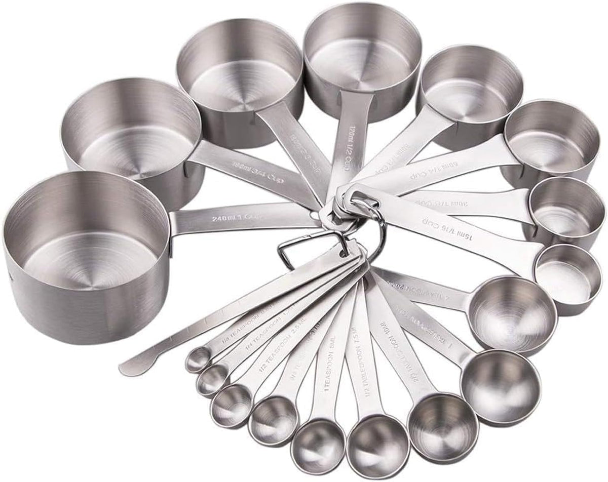 Smithcraft Measuring Cups and Spoons Set 18, Stainless Steel Measuring Cups and Spoons Set, 18/8(304) Steel Heavy Duty 8 Measuring Cups & 9 Measuring Spoons & 1 Stick for Kitchen & Baking Measuring - PuriLite
