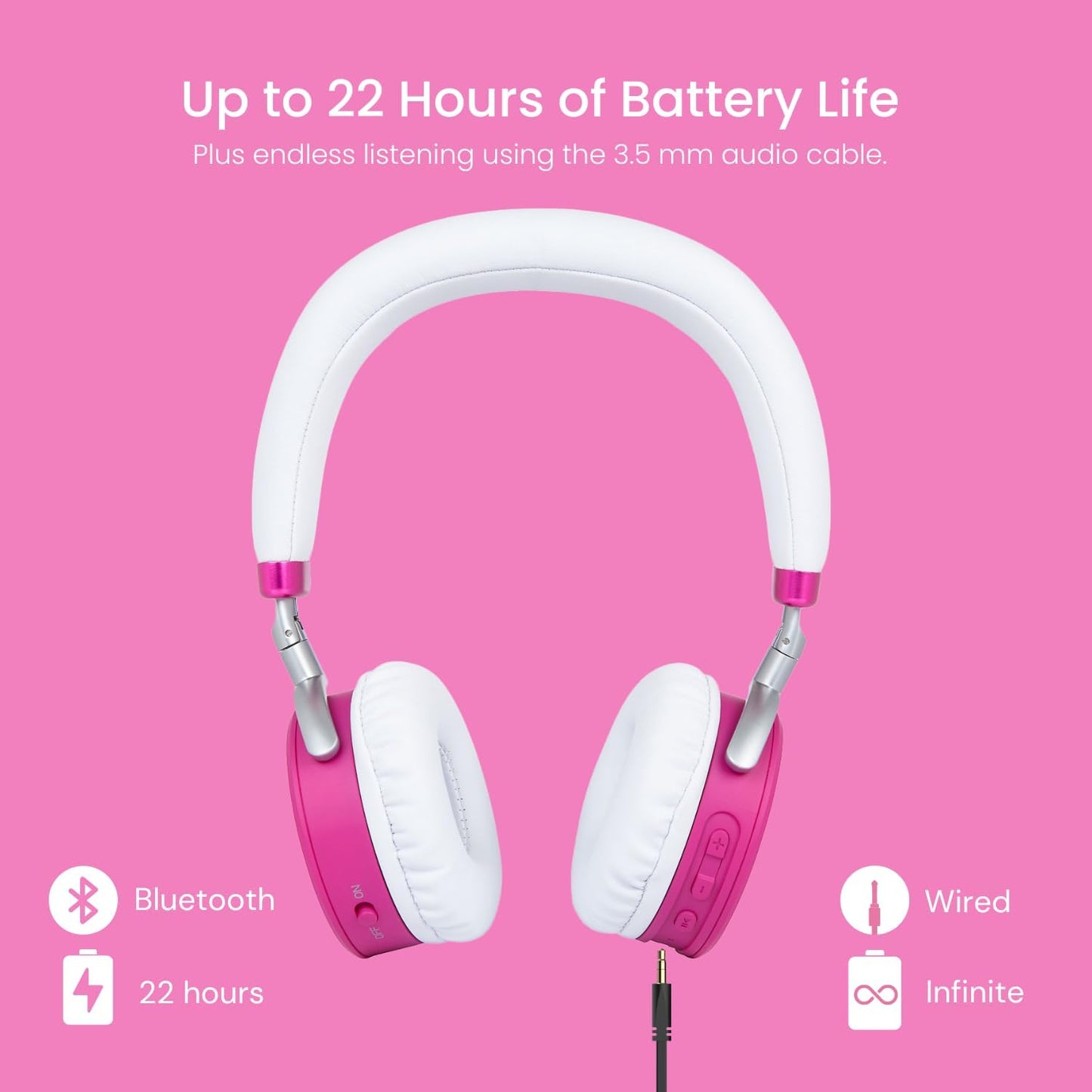 JuniorJam Plus Volume Limiting Headphones for Kids, Foldable & Adjustable Bluetooth Headphones, 22-Hour Battery Life USB-C Charging (Black)