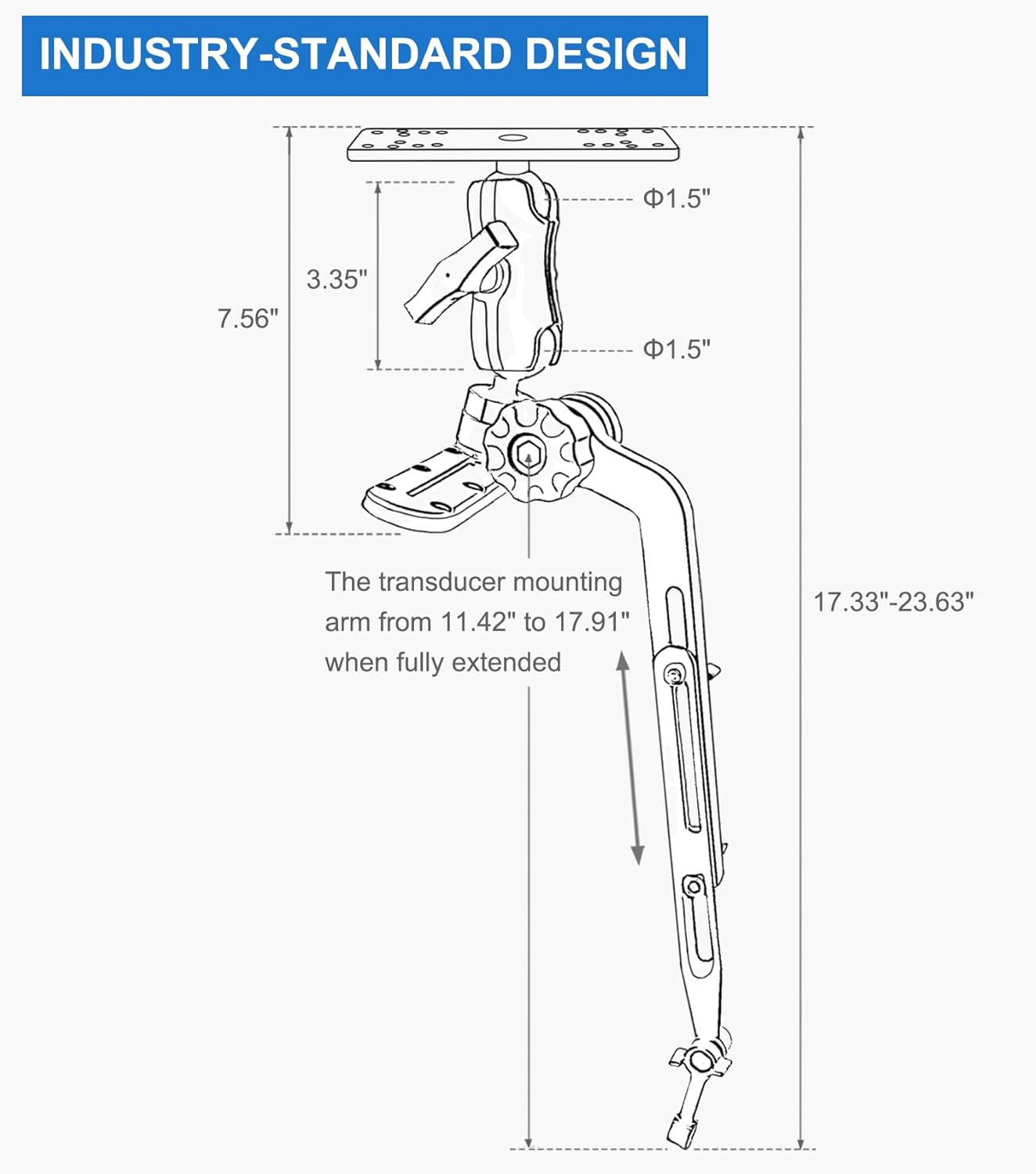 WINDFRD 1.5" Ball Kayak Fish Finder Mount with Transducer Mounting Arm, Marine Electronic Mount Plate with Low Profile Track, Compatible with RAM Mounts, Scotty, Lowrance, Garmin