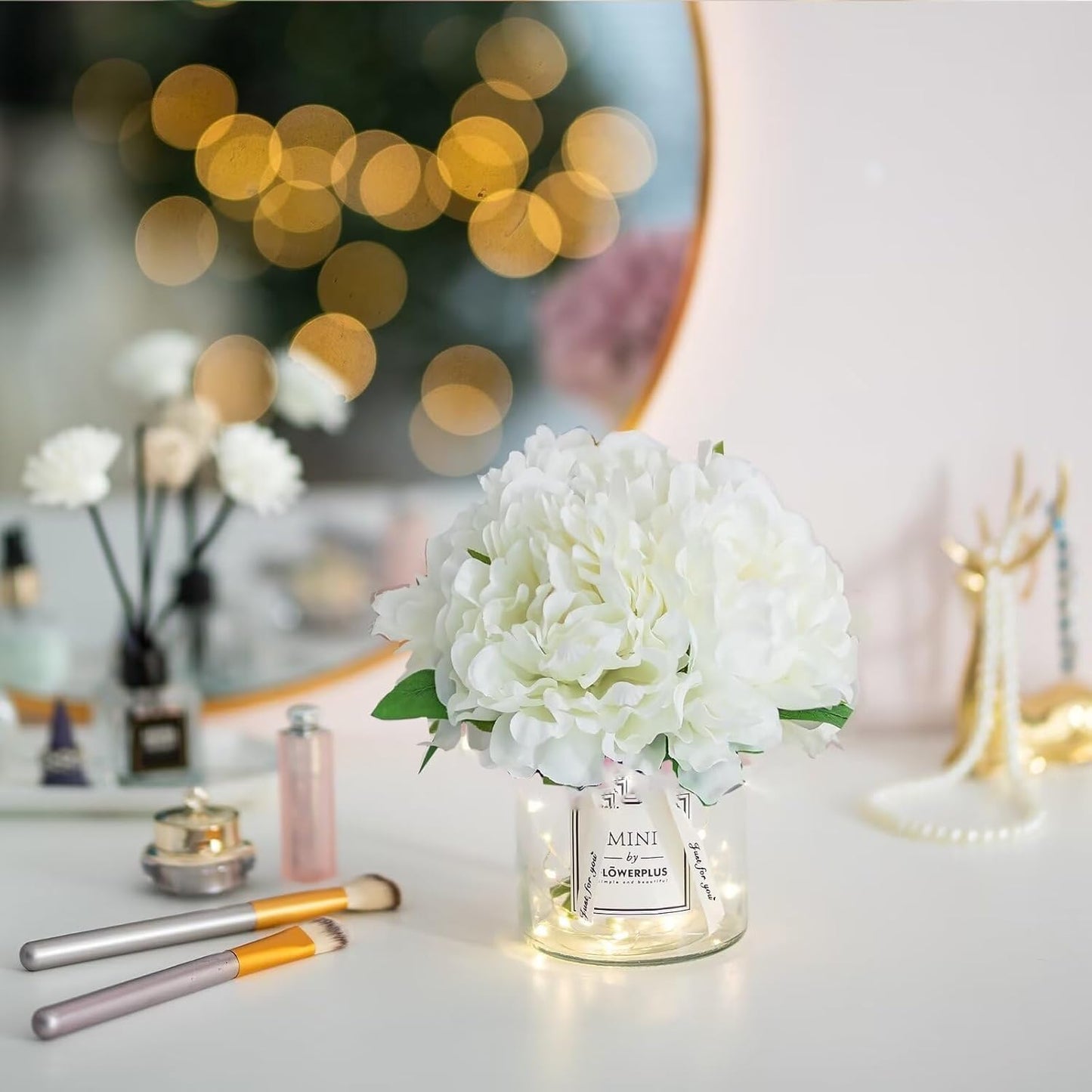BLOSMON White Fake Flowers with Vase: Small Coffee Table Decor Bathroom Hydrangea Faux Flowers in Vase Office Desk Shelf Home Living Room Bedroom Vanity nightstand Decorations Floral Arrangement