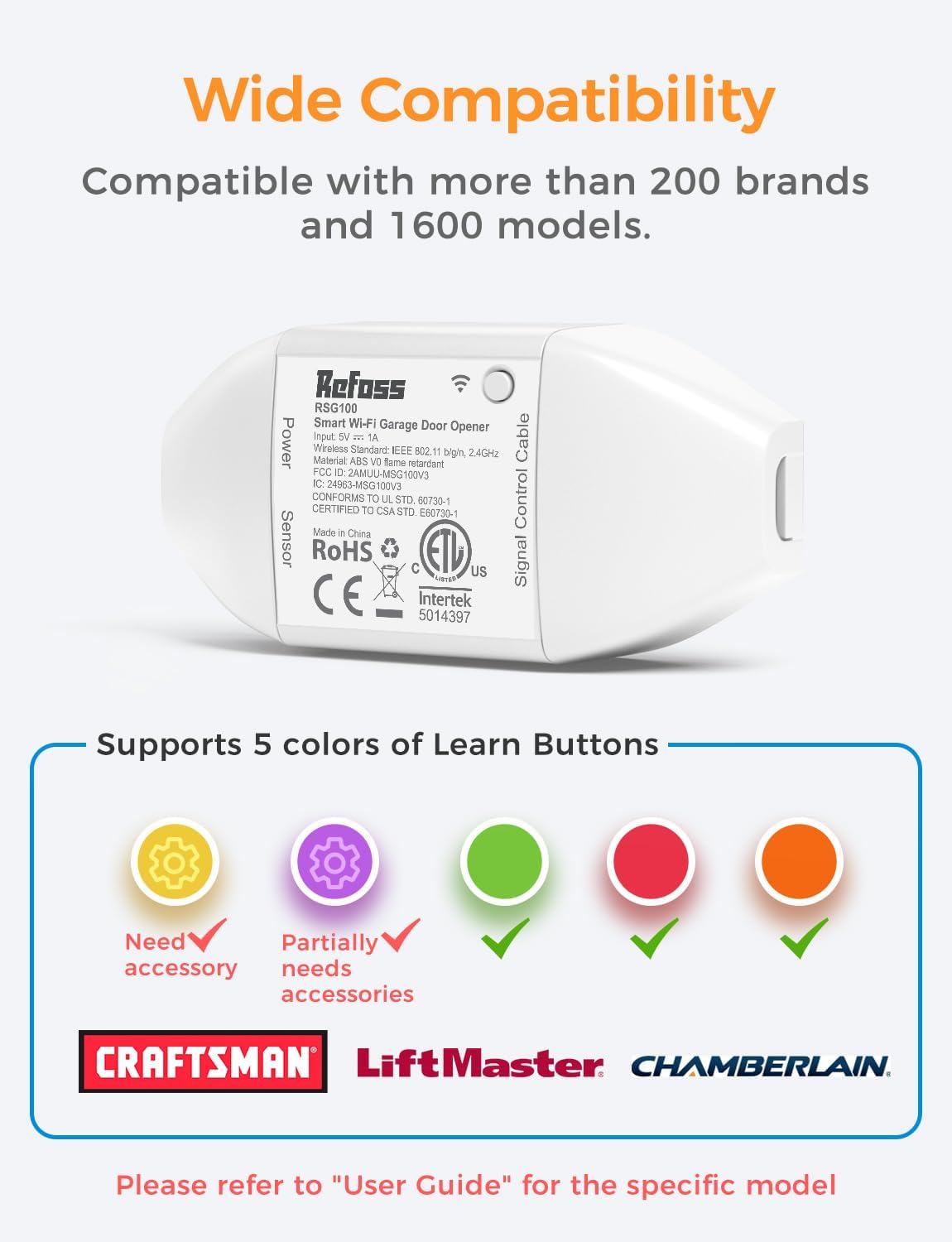Refoss Smart Wi-Fi Garage Door Opener, Compatible with Google Assistant, Alexa, APP Remote Control