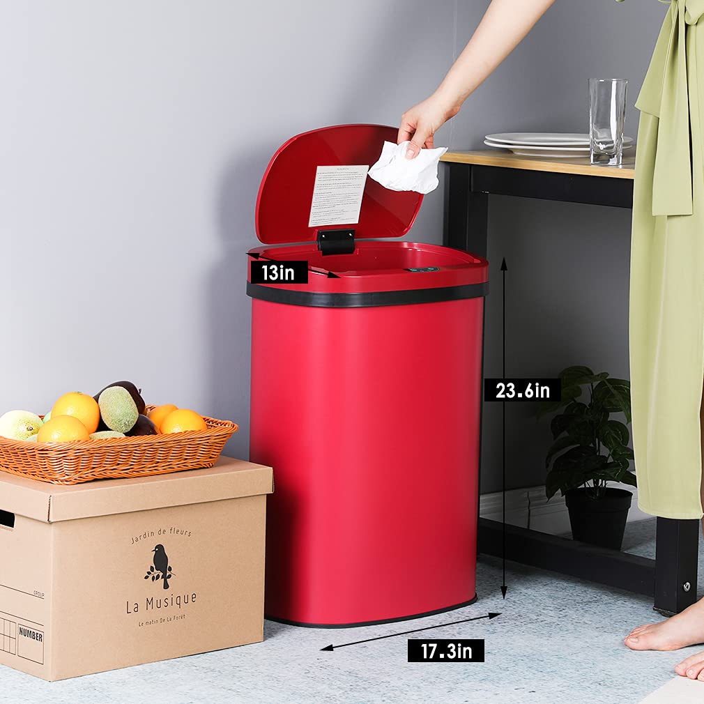 13 Gallon 50 Liter Garbage Can Kitchen Trash Can with Lid Automatic Sensor Touch Free Stainless Steel Waste Bin for Bathroom Bedroom Home Office,Black
