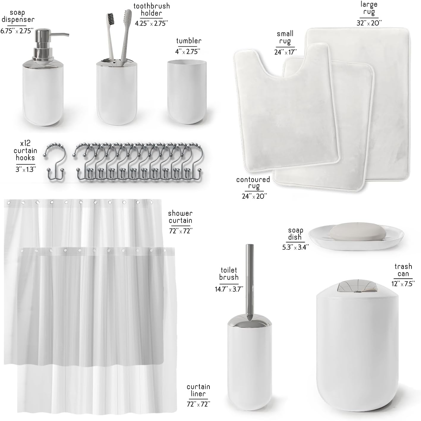 Clara Clark Bathroom Set - Gray Bathroom Accessories Set, Bathroom Sets with Shower Curtain and Rugs, 23PC Shower Curtain Set with Liner, Soap Dispenser, Soap Dish, Toilet Brush Holder, and Trash Can