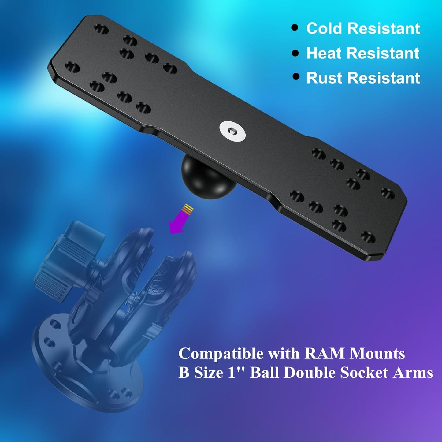 BRCOVAN Aluminum Alloy Marine Electronic Plate with 1'' TPU Ball for RAM Mounts B Size Double Socket Arm for Garmin/Humminbird/Lowrance GPS Chartplotters, Fish Finders and Marine Electronic Mount