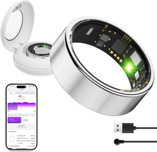 Smart Fitness ; Health Ring – Rechargeable Waterproof Activity & Sleep Tracker (Silver, Size 11)