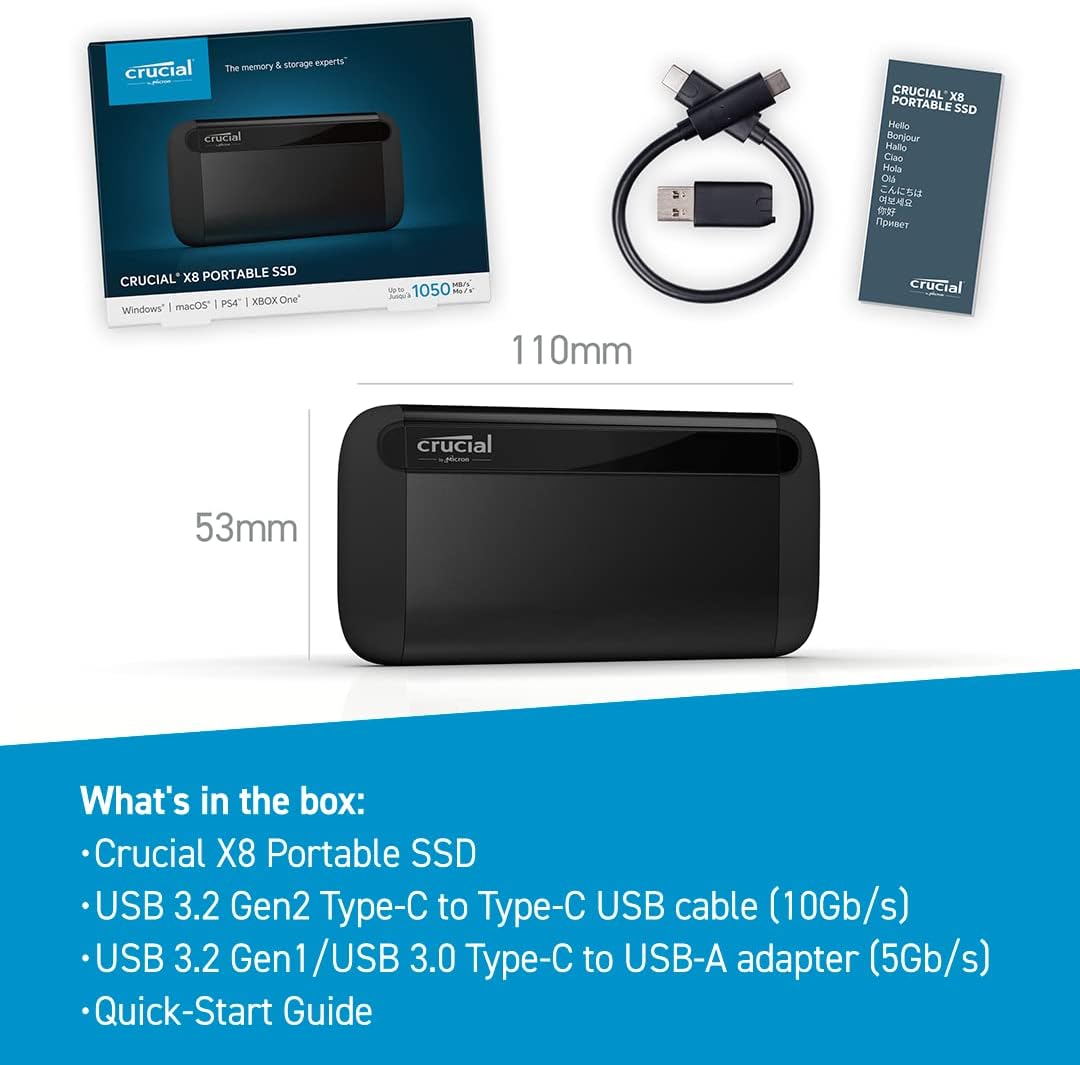 Crucial X9 4TB Portable SSD, Up to 1050MB/s, USB 3.2 USB-C, External Solid State Drive, Compatible with Windows, Mac, & Android, Reliable Storage for Games, Files, & Backups, Black - CT4000X9SSD902