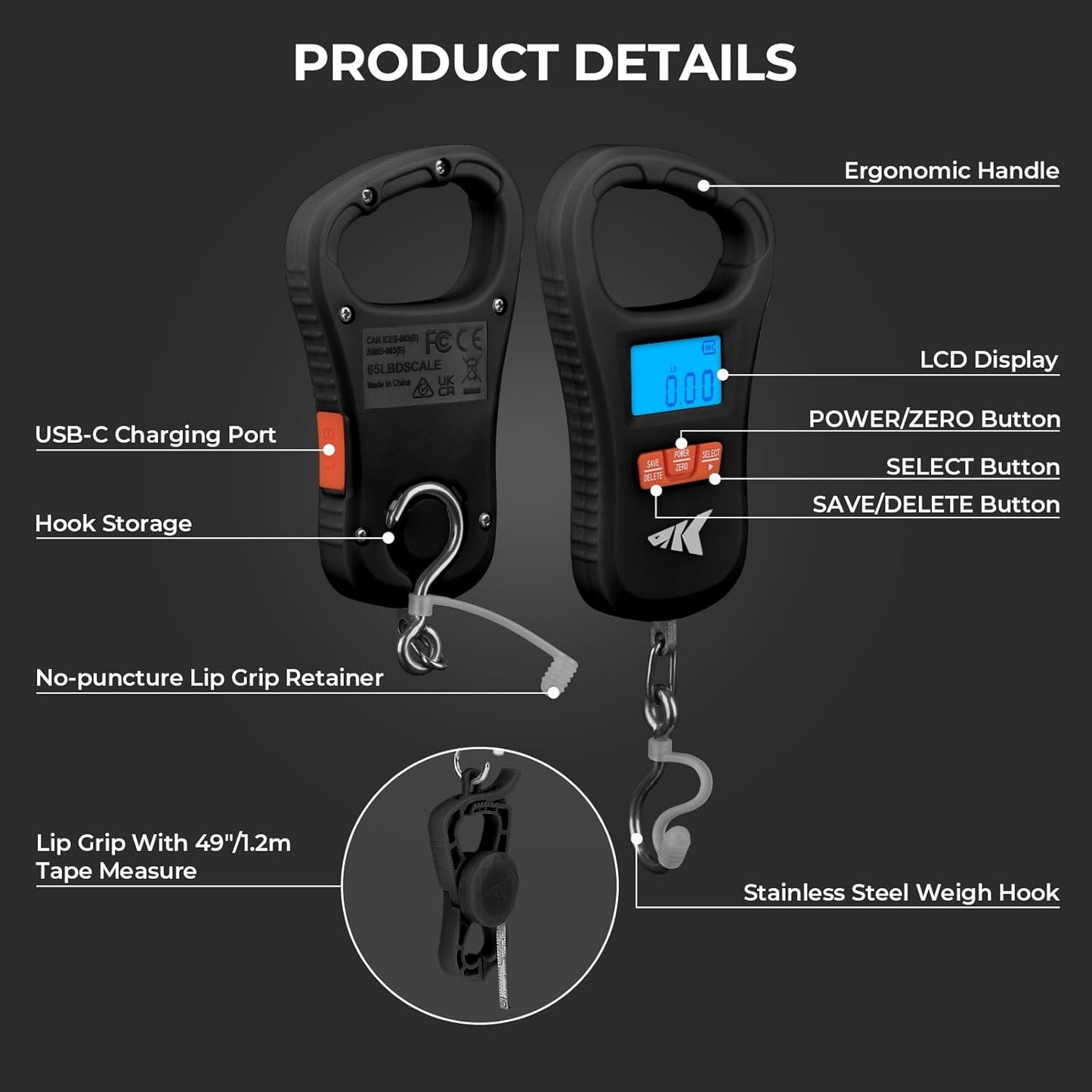 KastKing Fish Scale with Lip Gripper, ToughTide USB Charging Fishing Scale Built-in Measuring Tape, 65lb Capacity, Ultra-Thin Digital Fish Scale, LCD Display, Ergonomic Handle, Black Combo