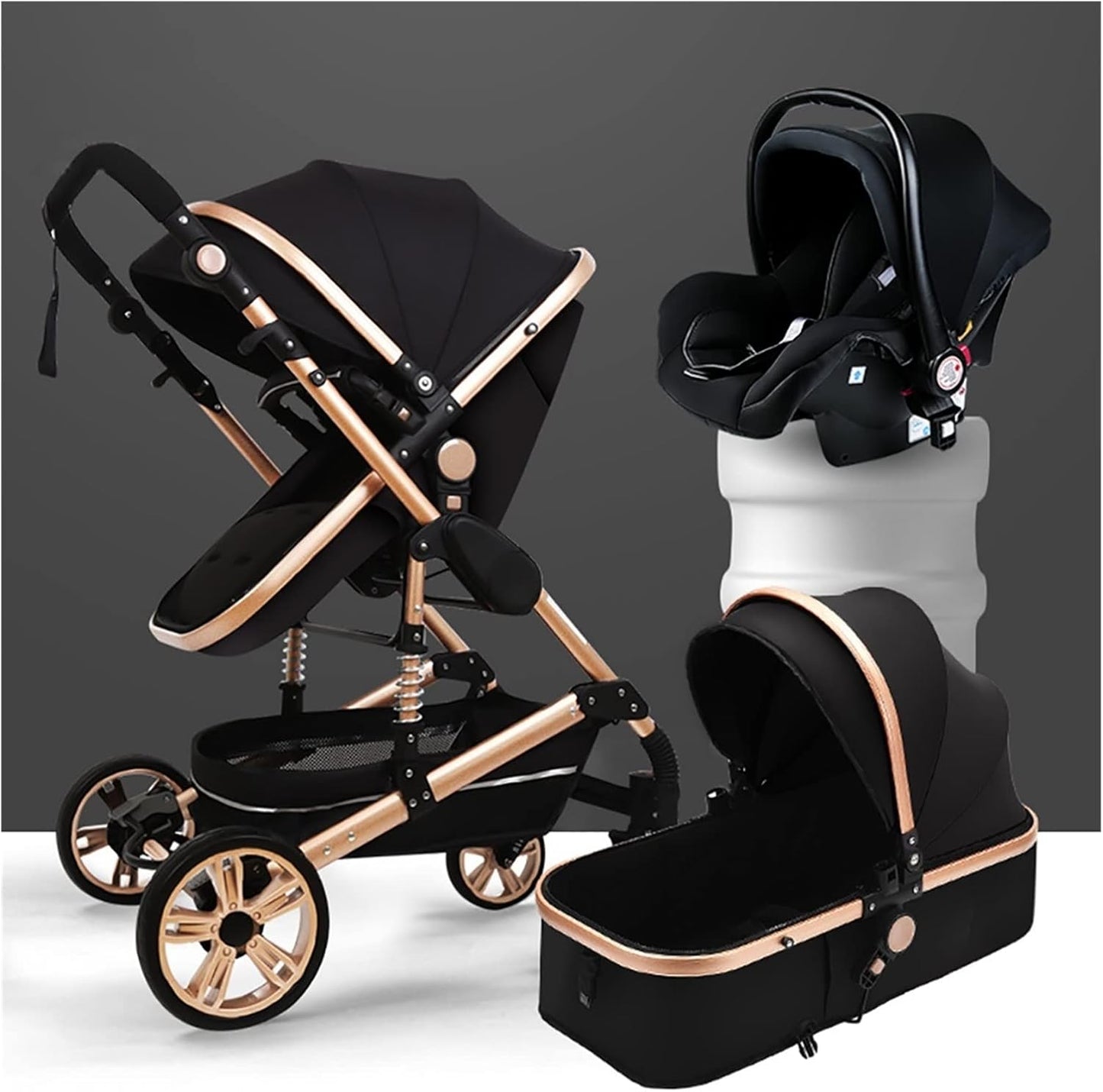 Newborn 3 in 1 Baby Stroller - Lightweight, Foldable Infant Carriage Luxury Pram, Anti-Shock Toddler Pushchair (Black)