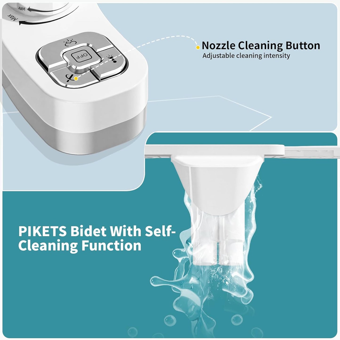 PIKETS Bidet Attachment for Toilet, Dual Nozzle (Frontal and Rear Wash) Non-Electric Fresh Water Toilet Seat Attachment with Nozzle Self Cleaning, Adjustable Water Pressure(Chrome Silver)