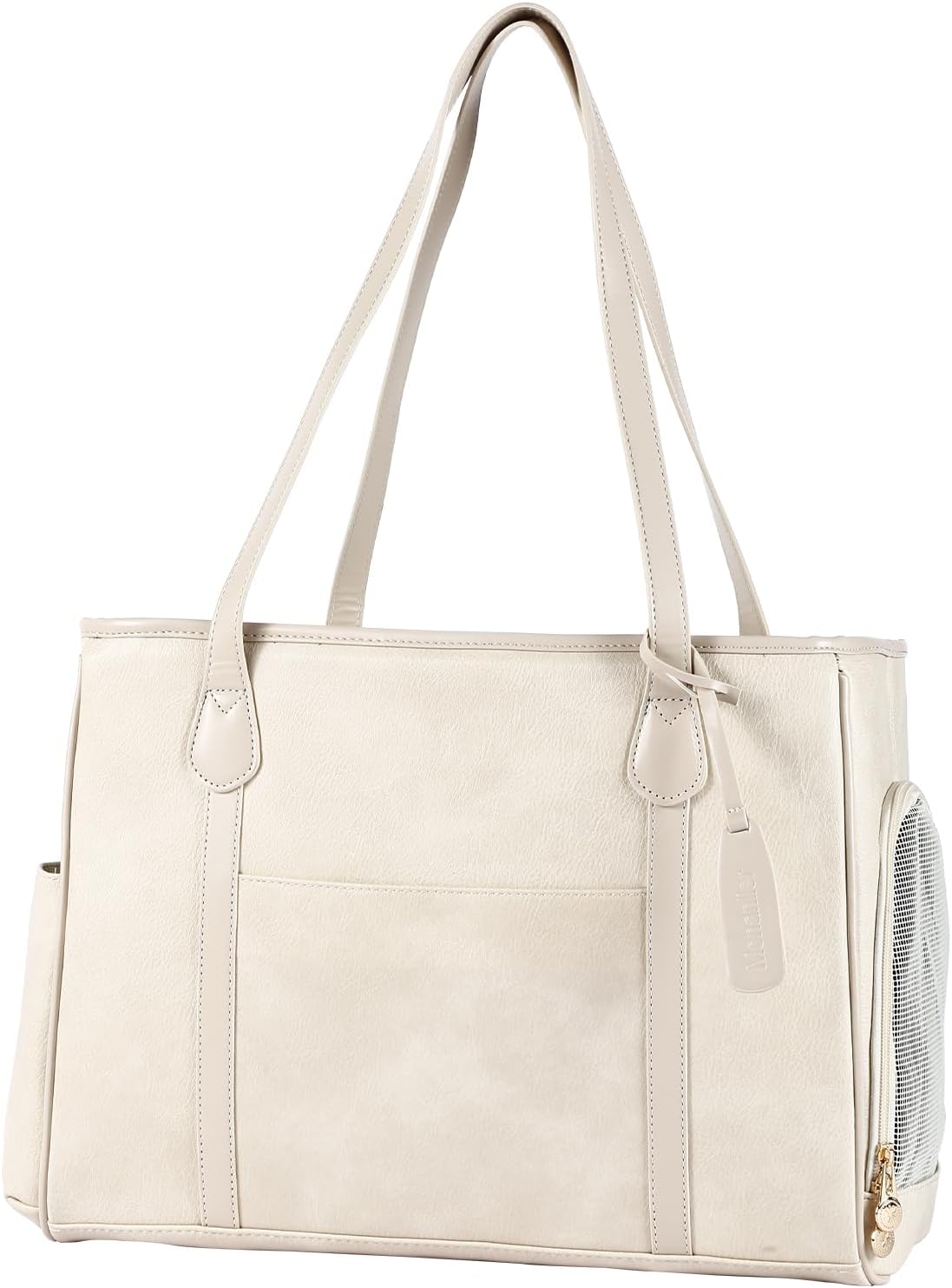 Monanller Stylish Dog Purse Carrier, Leather Pet Carrier Bag for Small Dogs Cats Puppy, Airline Approved Soft-Sided Carrier Beige