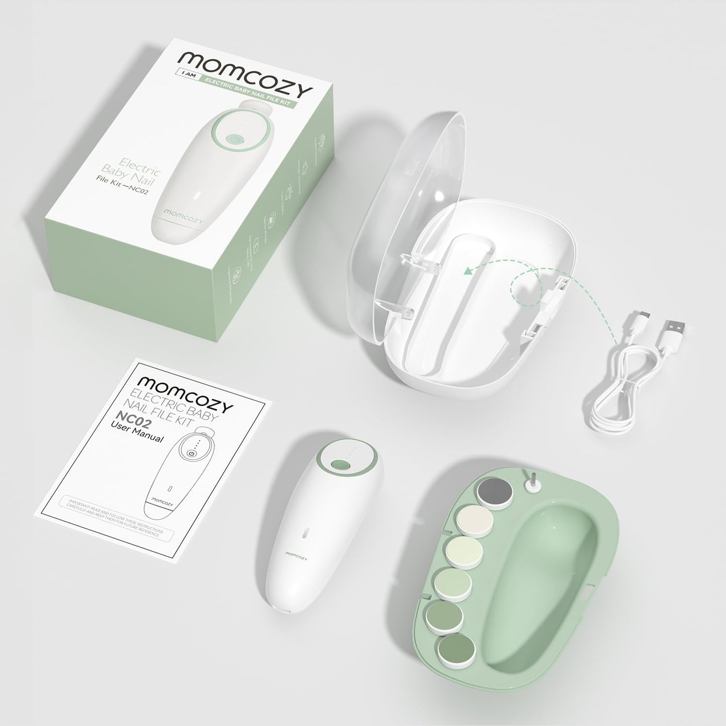 Momcozy Baby Nail File Electric, Gentle Baby Nail Trimmer Electric, Baby Nail Clipper with Night Light, 7 Grinding Head Replacement Pads, Green
