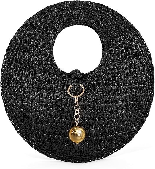 PHILOMENA Woven Straw Beach Bag for Women Handmade Raffia Circle Bag, Summer Boho Chic Tote Purse Handbag Large Round Bag