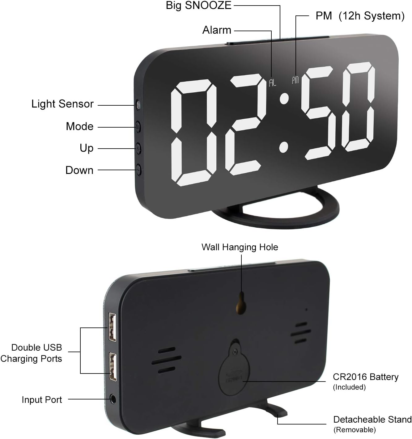 Digital Alarm Clock,Large LED Mirror Display, 2 USB Charging Ports,Auto Dim Mode,Modern Design Clock for Bedroom Office, White
