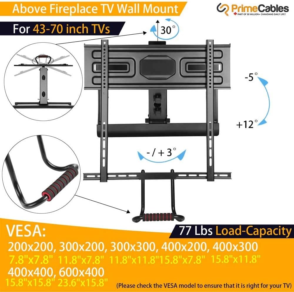 PrimeCables Pull-Down Full-Motion TV Wall Mount for 43-70 Inch TVs Fireplace Above 77Lbs Capacity Swivel/Tilt/Height Adjustment | Fits VESA 200x200-600x400