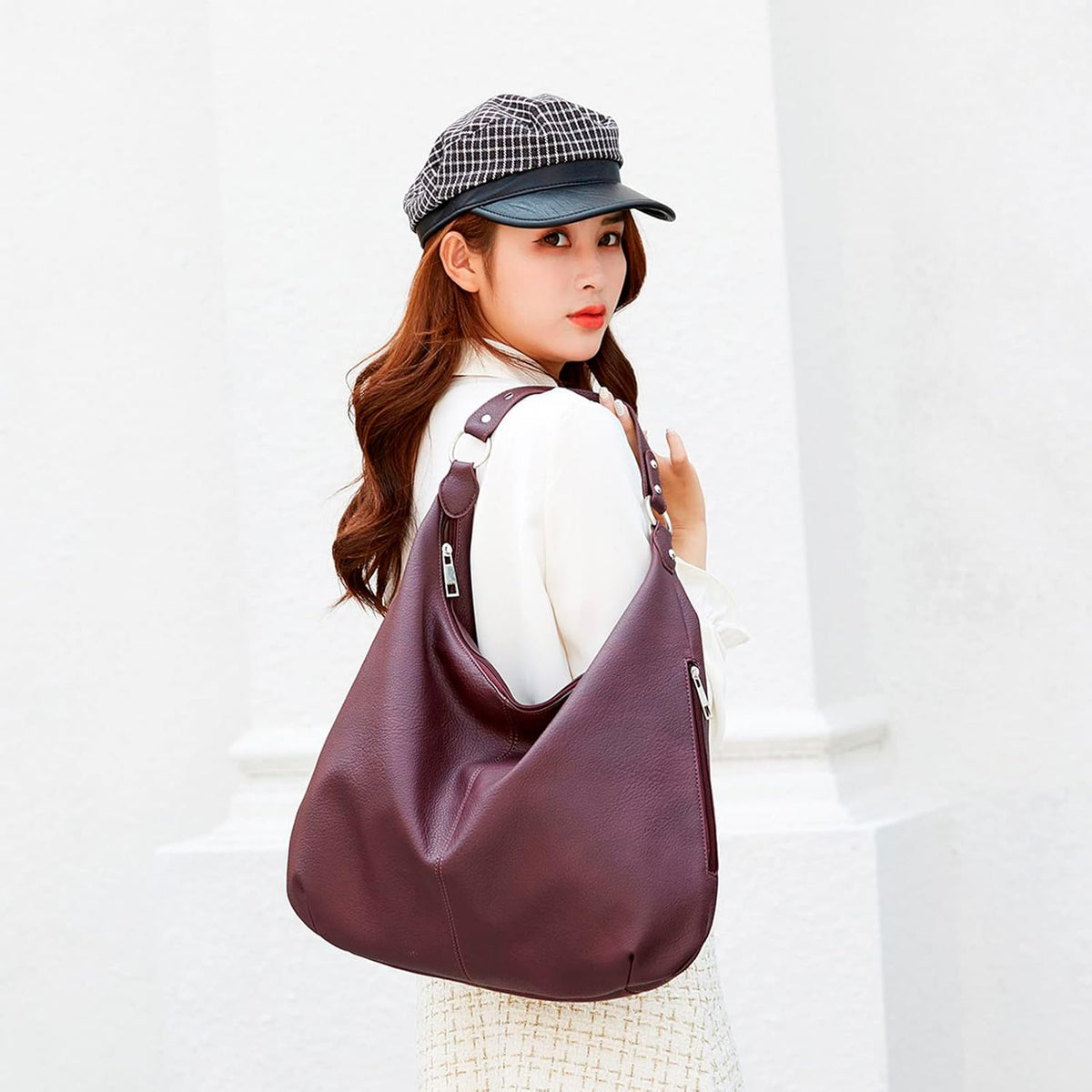 Ashioup Hobo Bags for Women Soft PU Leather Shoulder Bag Vintage Slouchy Handbag with Zipper - PuriLite