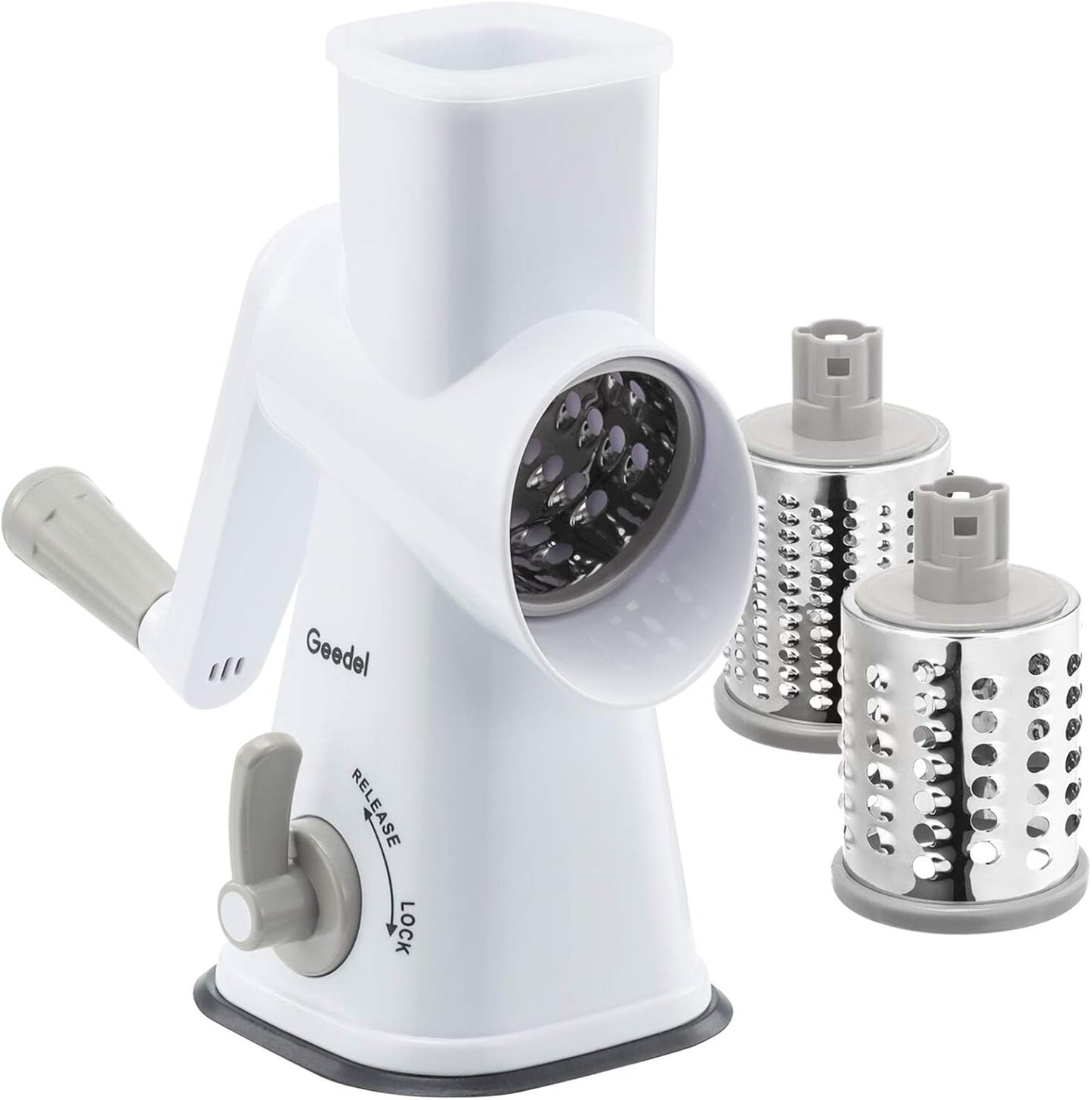 Geedel Kitchen Cheese Grater, Rotary Mandoline Vegetable Slicer with Interchangeable Blades, Easy to Use Rotary Grater Slicer for Fruit, Vegetables, Nuts