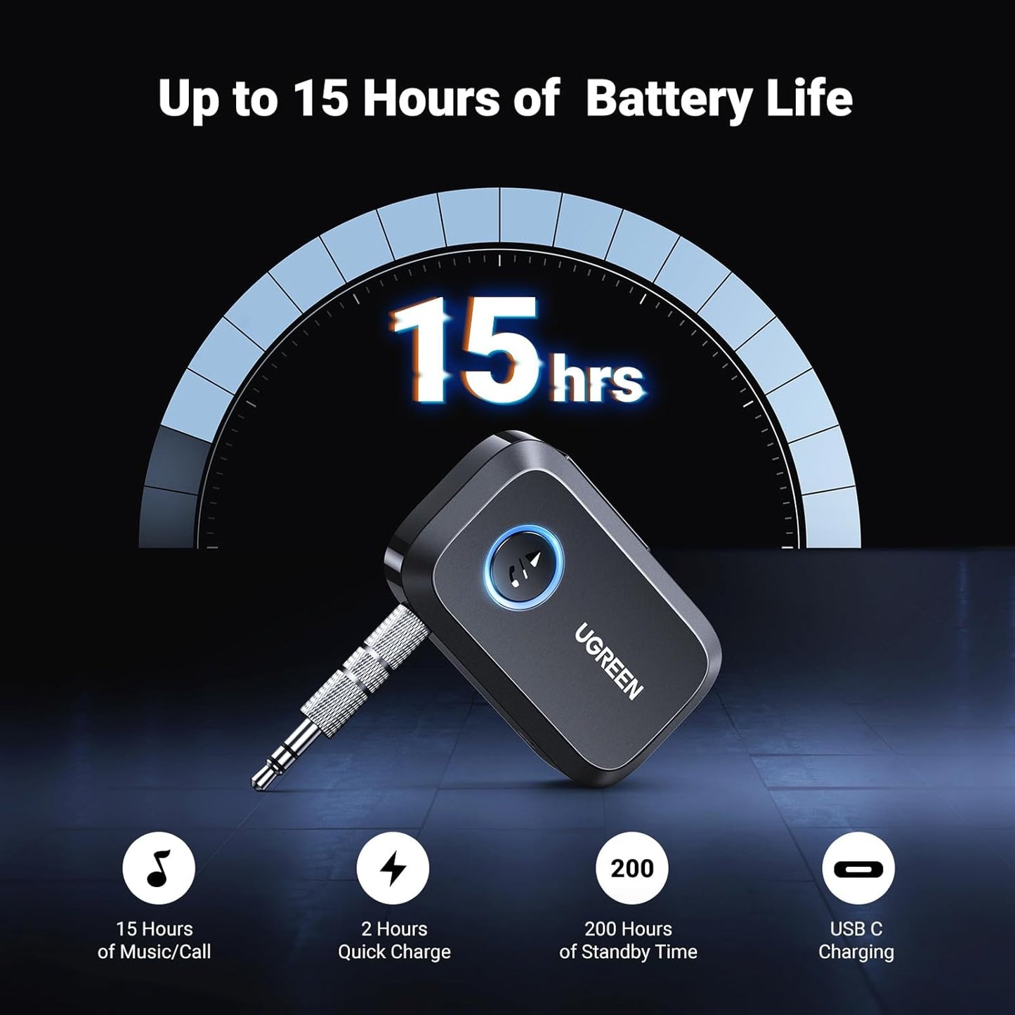 UGREEN Bluetooth 5.3 Receiver for Car, Aux to Bluetooth Adapter 3.5mm Jack, Crystal Clear Sound, Built-in Mic for Hands-Free Calls, 15H Battery Life, Compatible with Car Speaker Home Stereo Amplifier