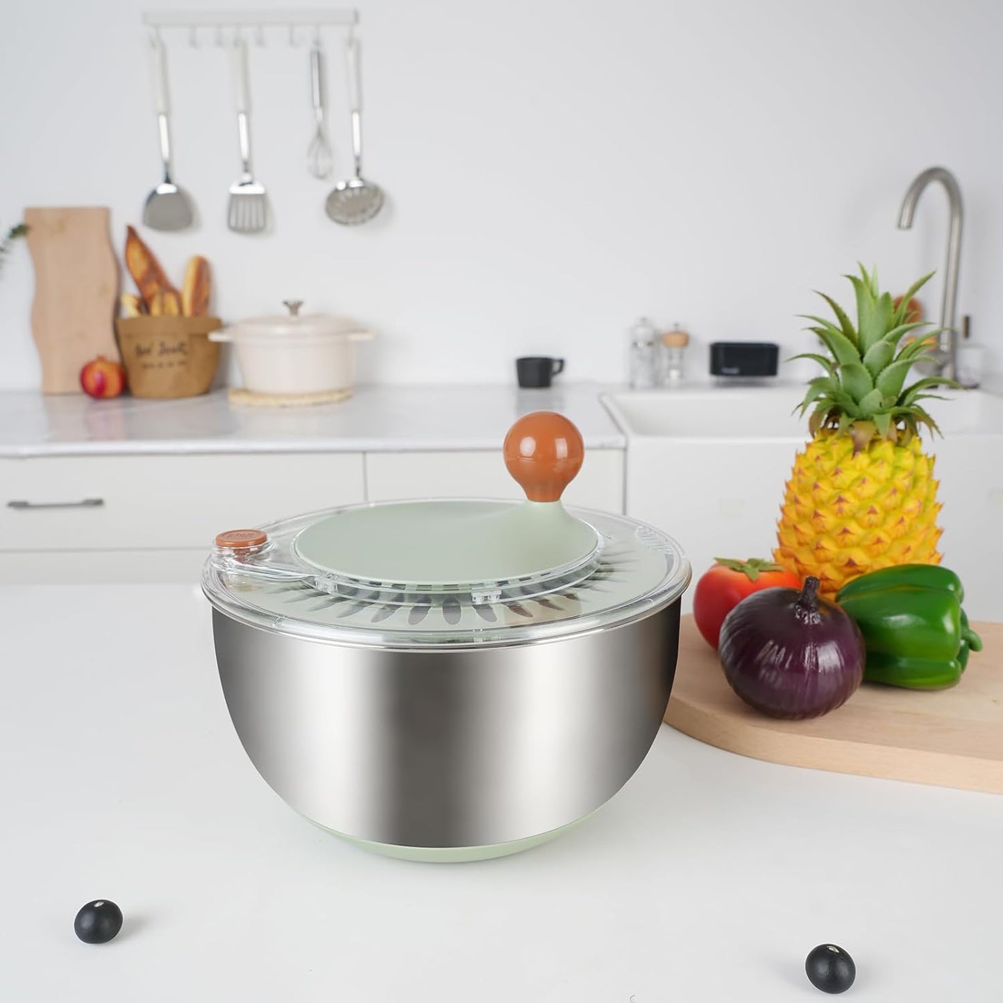 Shatomo Stainless Steel Salad Spinner, 5L Lettuce Spinner with Non-Slip Base, Drain and Stop Button, Fruit and Vegetable Washer and Dryer Spinner