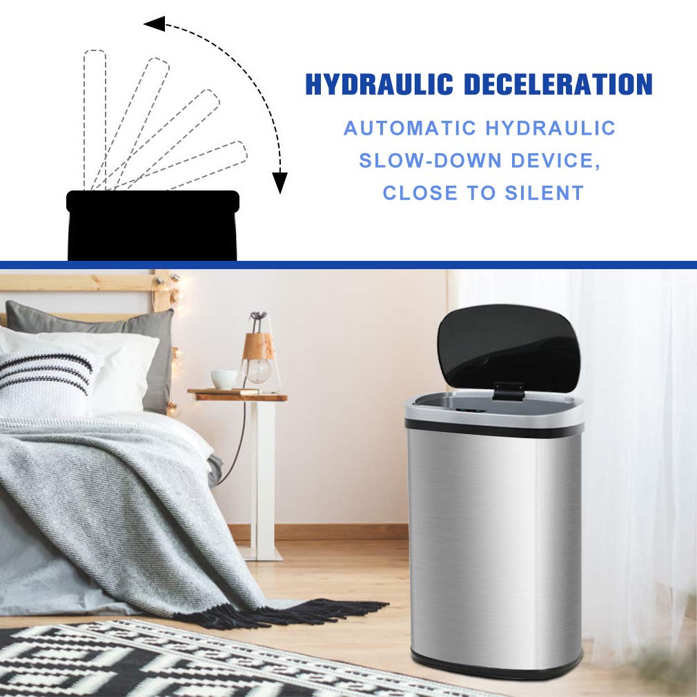 13 Gallon 50 Liter Garbage Can Kitchen Trash Can with Lid Automatic Sensor Touch Free Stainless Steel Waste Bin for Bathroom Bedroom Home Office,Black
