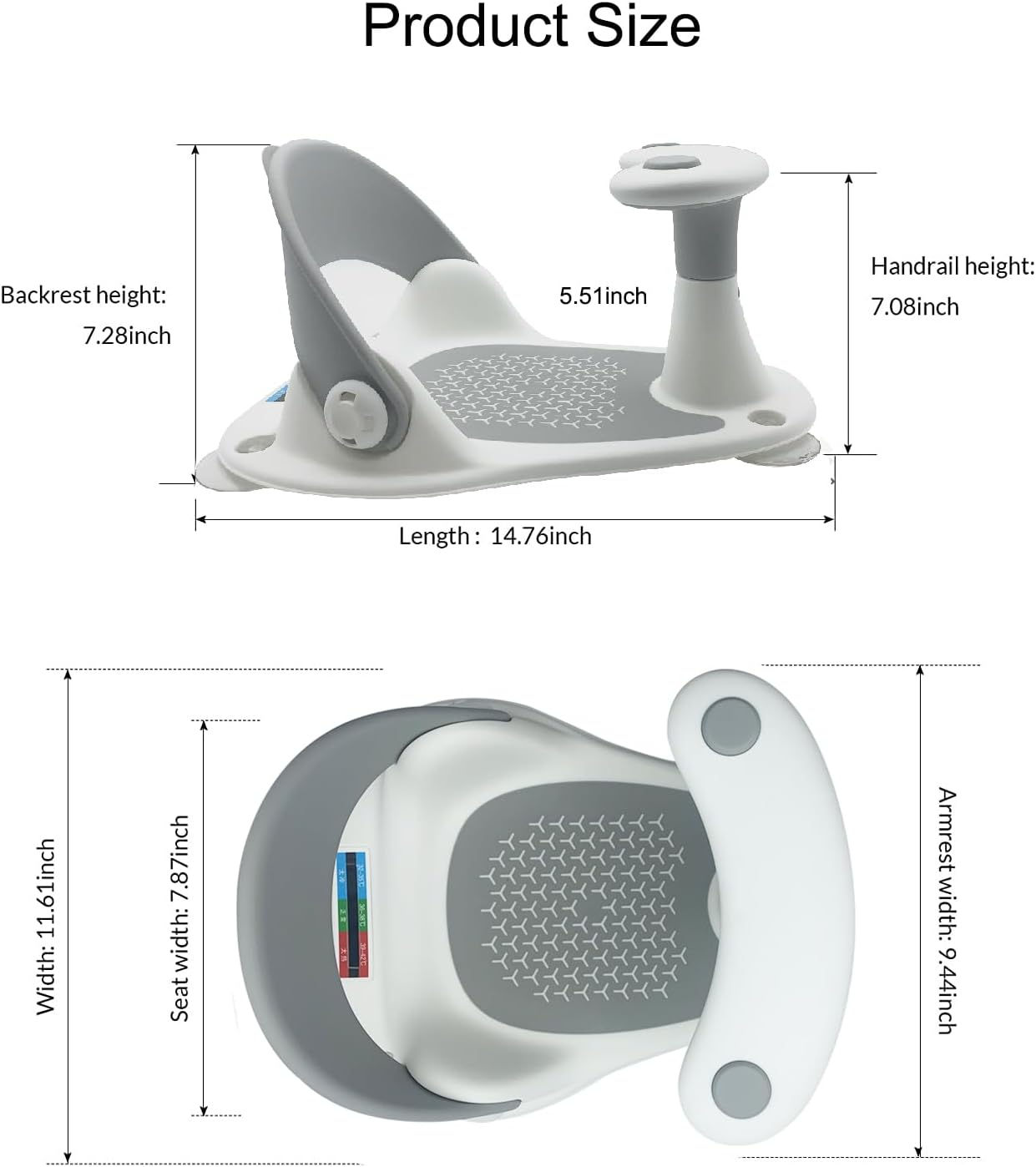 Baby Bath Seat, Portable Babies Bathtub Seat Bath Shower Chair with 4 Secure Suction Cups Water Thermometer Non–Slip Soft Mat, Bath Chair for Baby 6-36 Months, (Grey)