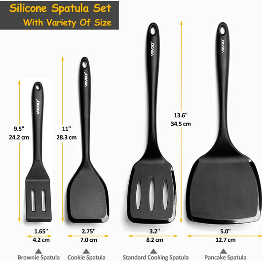 Silicone Spatula Set, 600°F Heat Resistant Silicone Spatula Turner Flipper for Cooking, Non Stick and Non Scratch Kitchen Utensils for Eggs & Pancakes, 4 Pack, Black - PuriLite