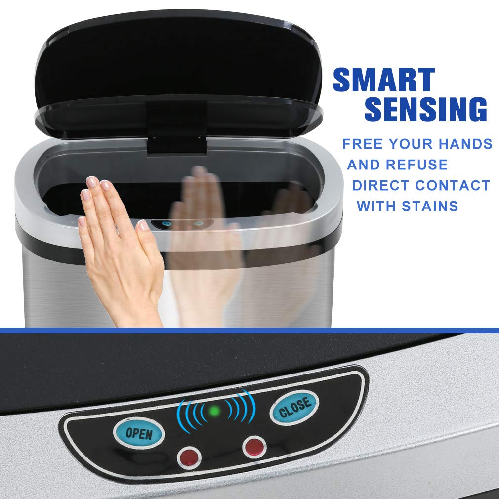13 Gallon 50 Liter Garbage Can Kitchen Trash Can with Lid Automatic Sensor Touch Free Stainless Steel Waste Bin for Bathroom Bedroom Home Office,Black