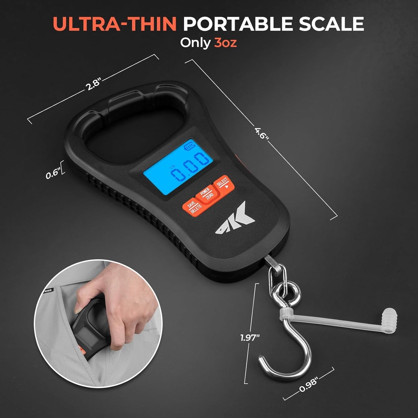 KastKing Fish Scale with Lip Gripper, ToughTide USB Charging Fishing Scale Built-in Measuring Tape, 65lb Capacity, Ultra-Thin Digital Fish Scale, LCD Display, Ergonomic Handle, Black Combo