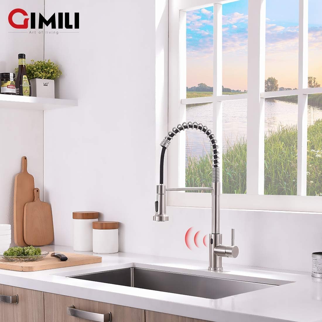 GIMILI Matte Black Kitchen Faucet with LED Light,Single Hole Spring Kitchen Sink Faucet with Pull Down Sprayer