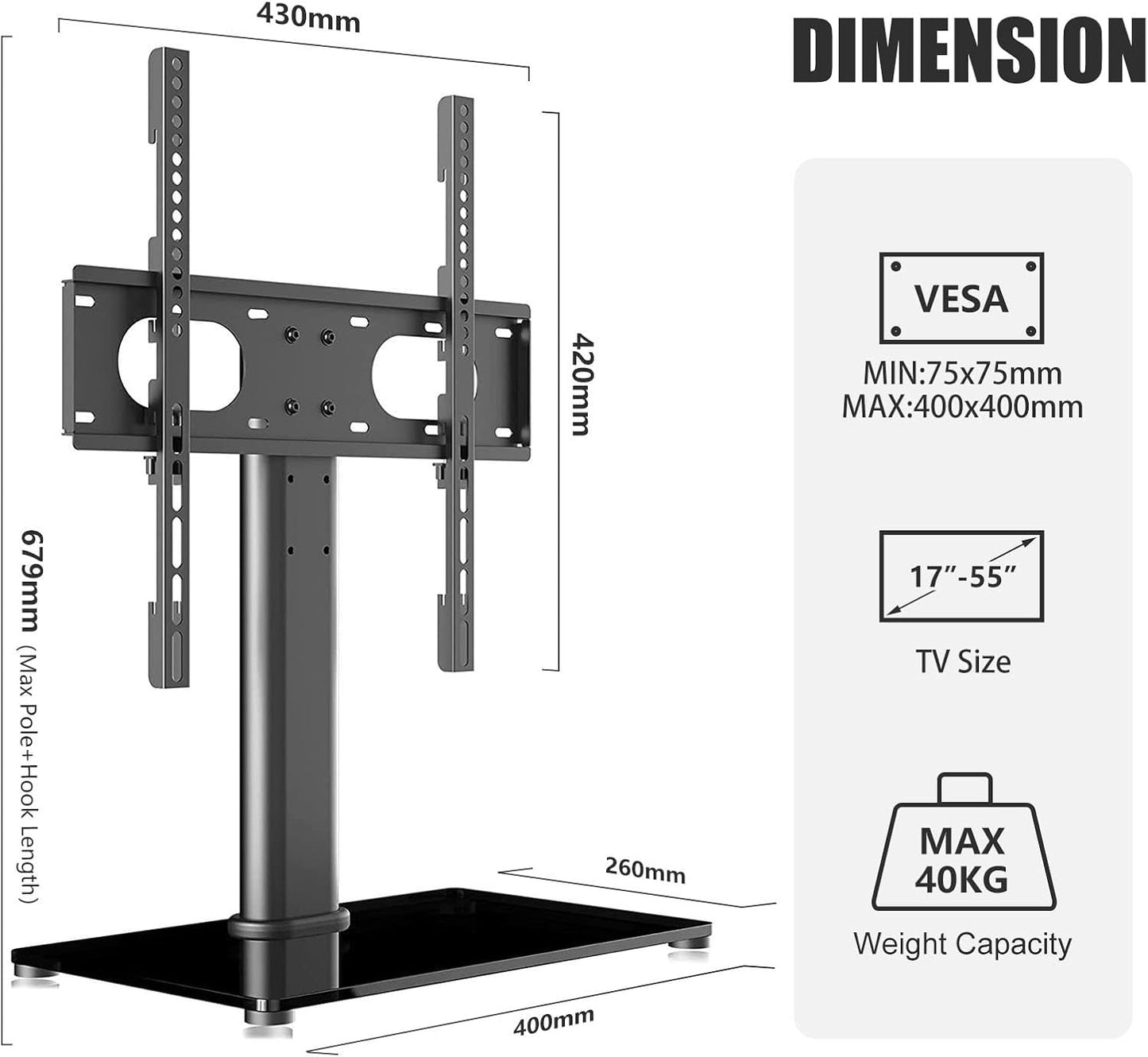 Suptek Universal TV Stands, Table Top TV Stand, Pedestal TV Stand for Most 17"-55" Screens, Height Adjustable TV Base Stand with Tempered Glass Base and Wire Management, Hold up to 40kg, VESA 75/400mm
