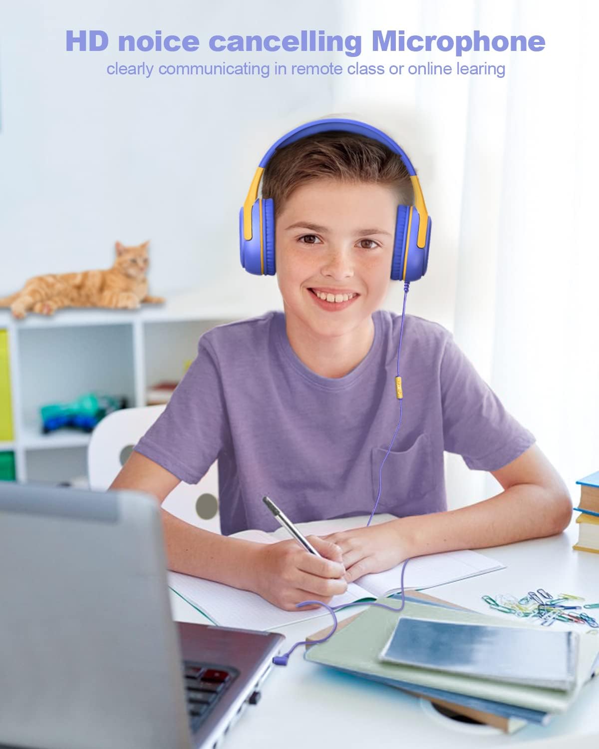 awatrue Kids Headphones with Microphone, Wired Headphones for Kids 85/94dB Safe Volume Limit, Over Ear Headsets, Boys Girls Childrens Headphones for School/Travel/Fire Tablet/BlueOrange
