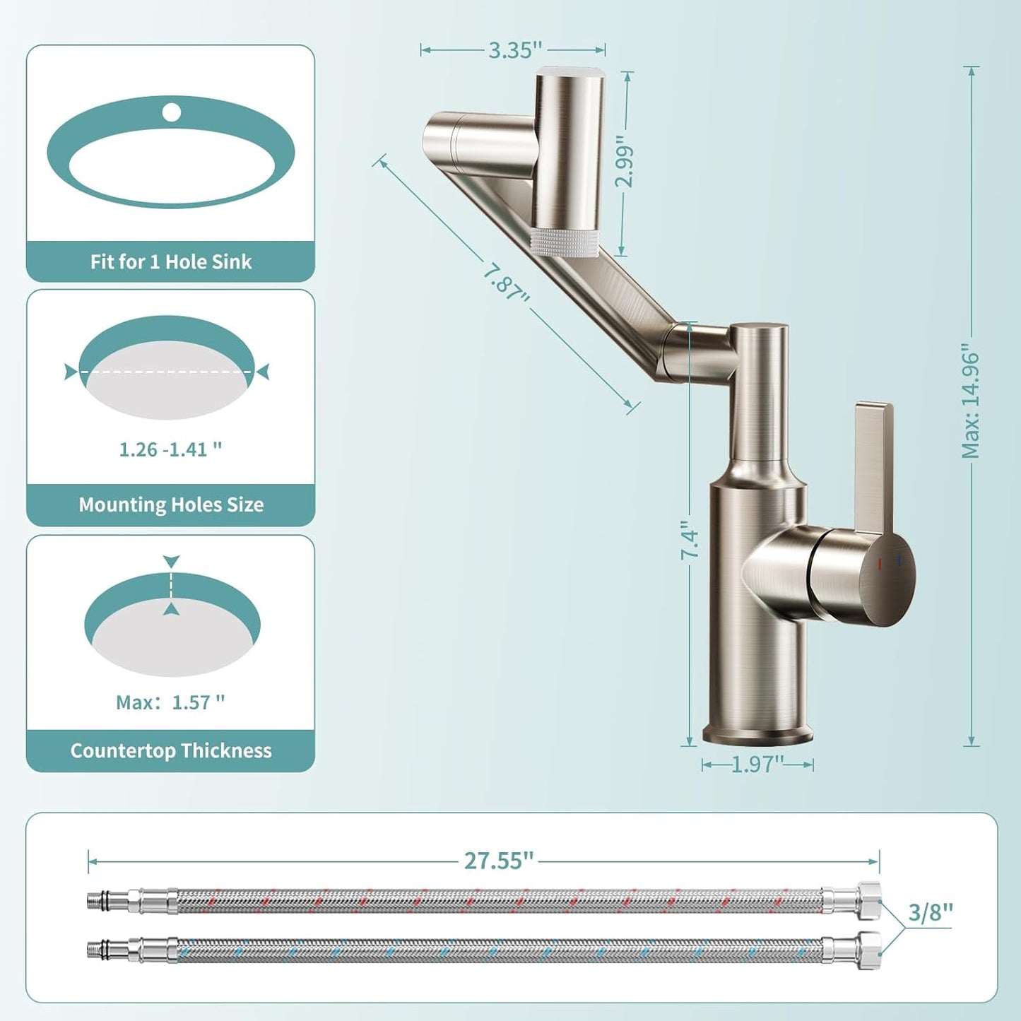 EAARSUO Single Hole Rotatable Bathroom Faucet with Temperature Display, Single Handle Modern Rotating Bathroom Sink Faucet 1 Hole, 1080 Degree Swivel Faucet with 2 Water Outlet Modes (Black)