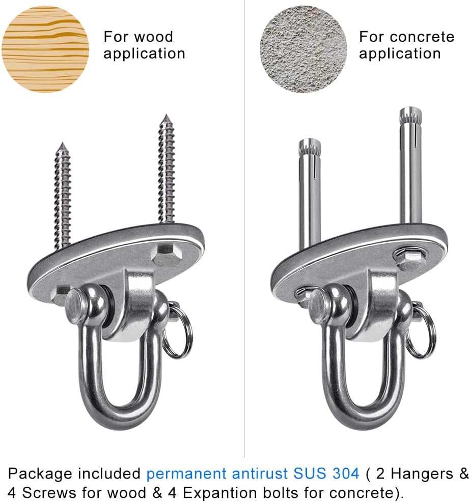 SELEWARE 2 Pack 2000 lb Capacity Stainless Steel 180° Swing Hangers Heavy Duty Swing Hooks for Concrete Ceiling Wooden Hanging Hardware for Por Porch Playground Hammock Gym Swing Sets