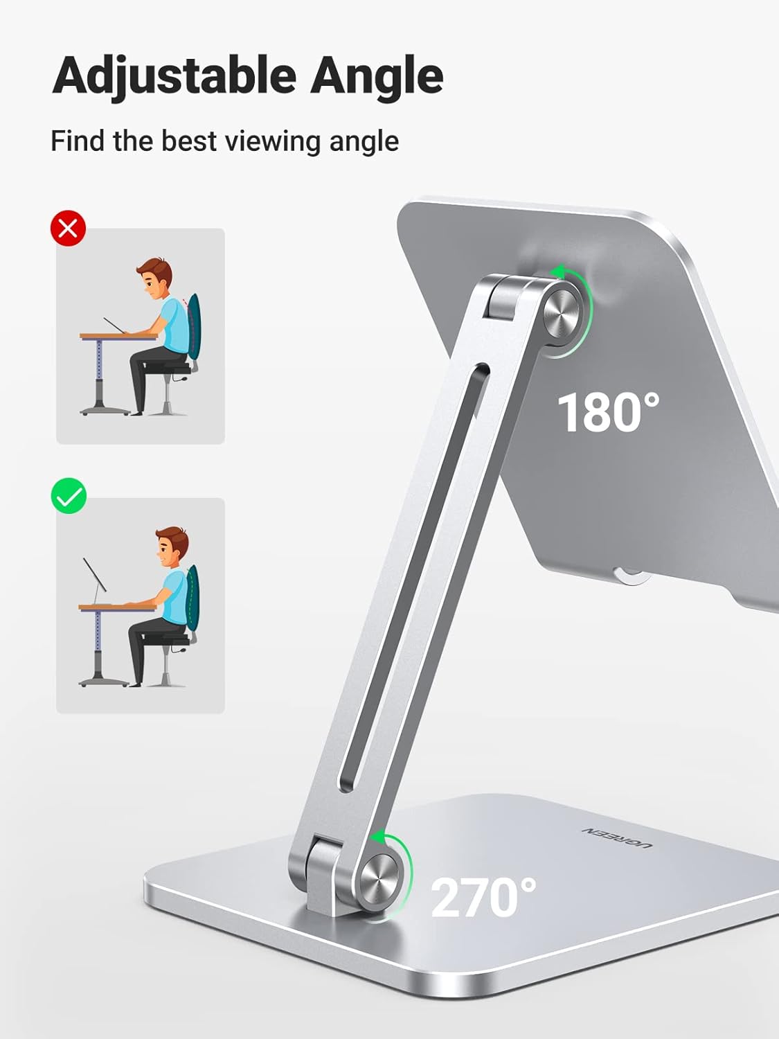 UGREEN Tablet Stand for Desk, Aluminum Stand for iPad Extended Height, Adjustable Foldable Portable Desktop Stand Holder for iPad Pro 12.9 11 9.7 10.5 iPad Air Mini Galaxy Surface iPhone 14 Pro, Grey