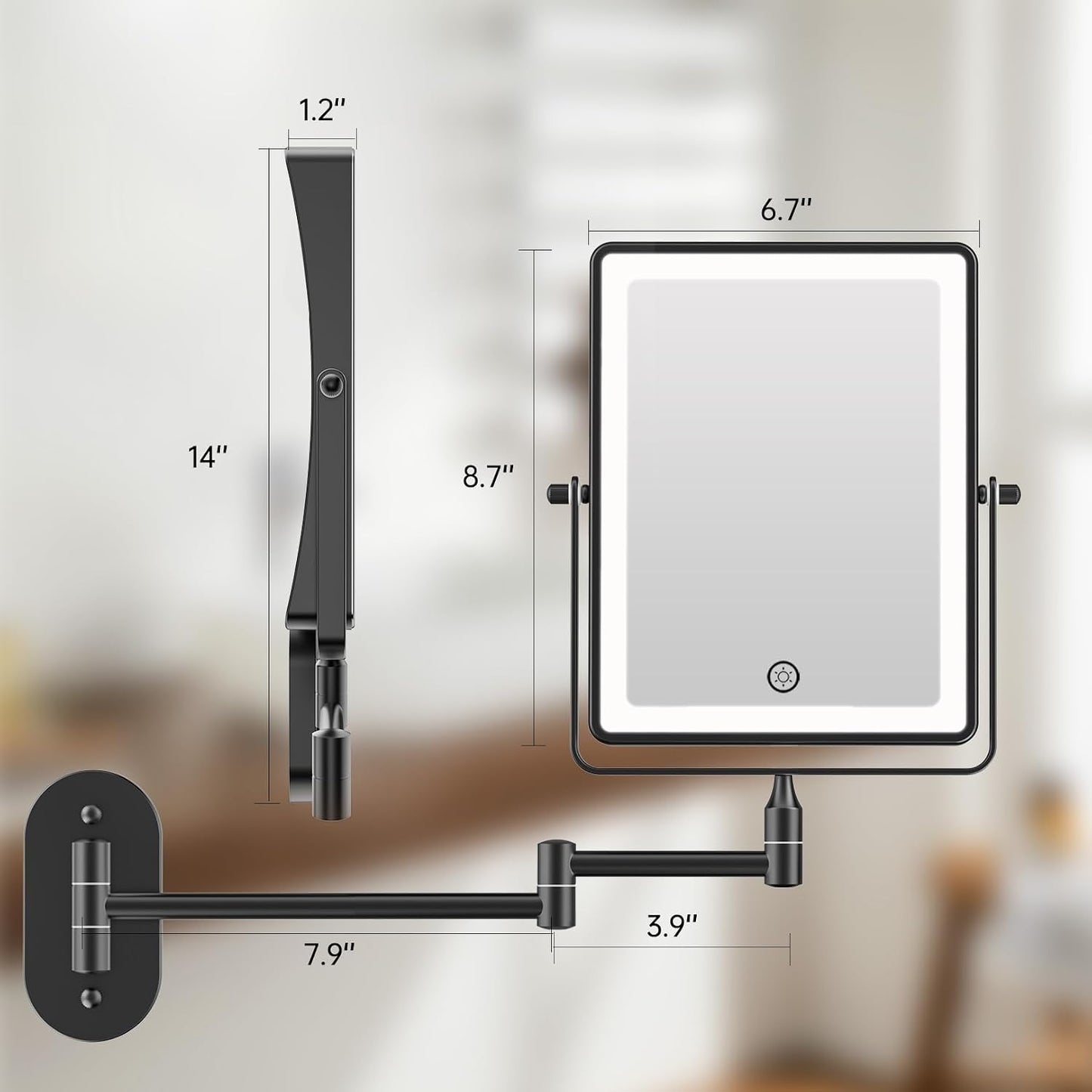 FASCINATE Rechargeable Wall Mounted Makeup Mirror, 8.7" Double Sided Touch Switch 1X 30X Rectangle Magnifying Mirror with Light, 3 Color Setting, Extended Arm 360° Swivel Foldable Black