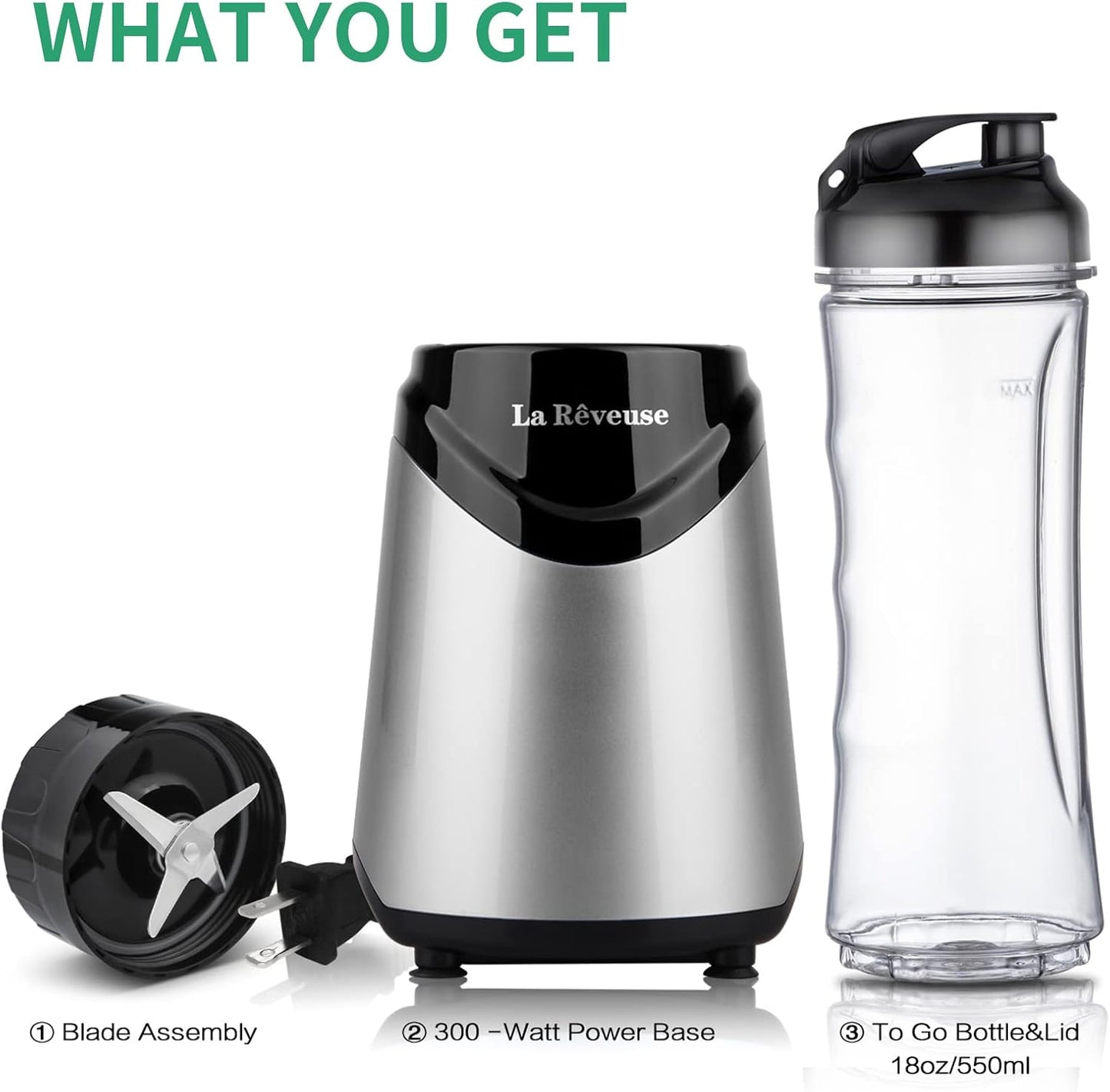 La Reveuse Smoothies Blender Personal Size 300 Watts with 2 Pieces 18 oz BPA Free Portable Travel Sports Bottles (Silver 2 Cups)