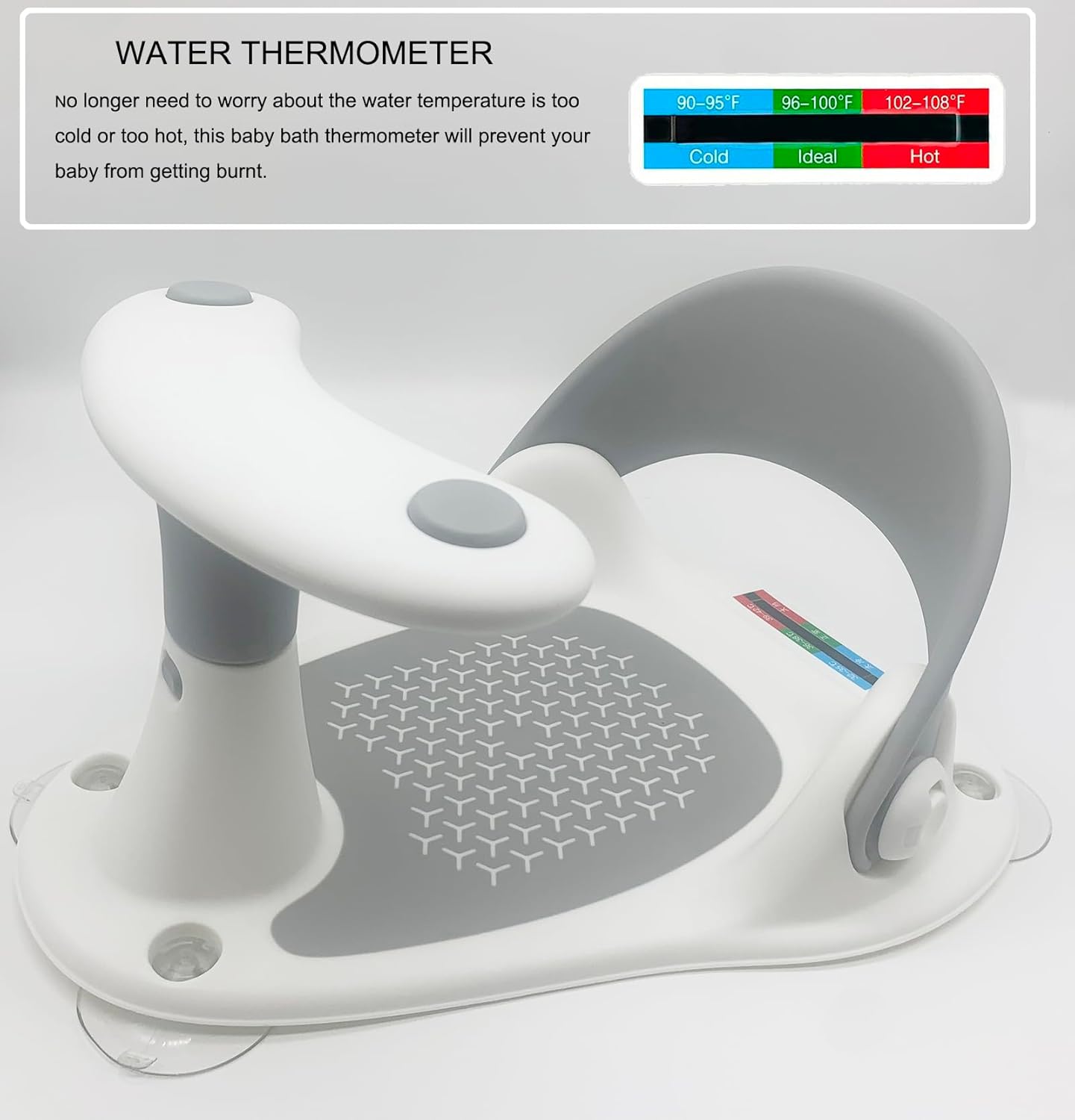 Baby Bath Seat, Portable Babies Bathtub Seat Bath Shower Chair with 4 Secure Suction Cups Water Thermometer Non–Slip Soft Mat, Bath Chair for Baby 6-36 Months, (Grey)