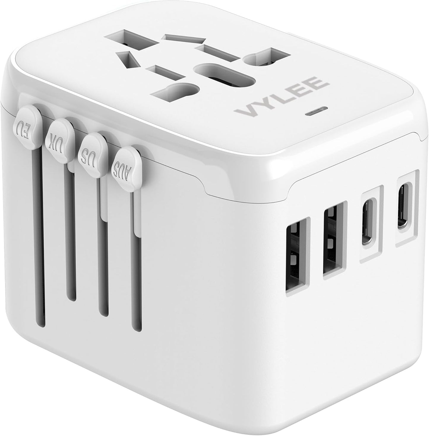 VYLEE Universal Travel Adapter, 65W Fast GaN International Power Adapter, 3PD USB-C+1QC USB-A European Travel Plug Adapter, US, UK, EU, AU Worldwide Travel Charger for Laptops, Tablets, Phones