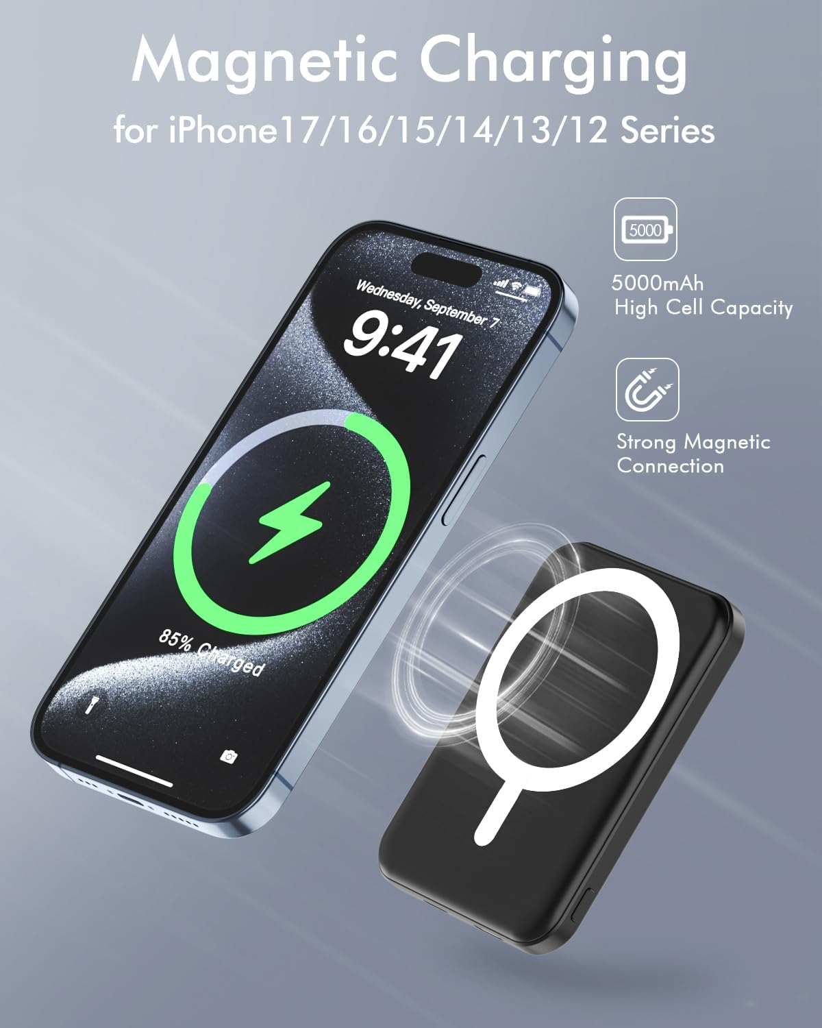 Podoru Mag-Safe Power Bank, Mini 5000mAh Magnetic Battery Pack Power Bank with USB-C Cable 20W Fast Charging Ultra Slim for MagSafe Charger Portable for iPhone 17/16/15/14/13/12/ All Series-Black